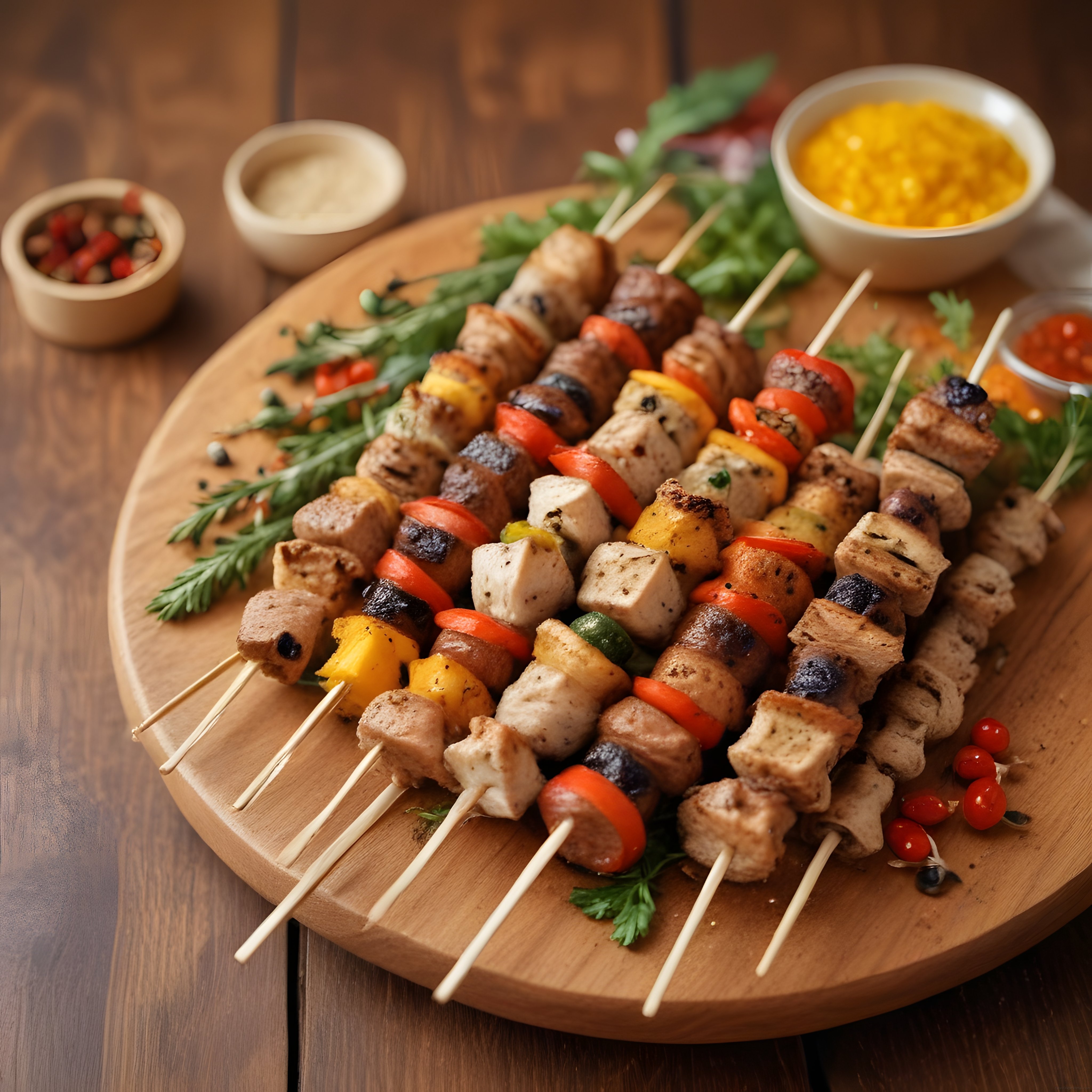 Renkli Sebzeli Şiş Kebap ve Izgara Et Lezzeti: Ahşap Sunum Tabağı