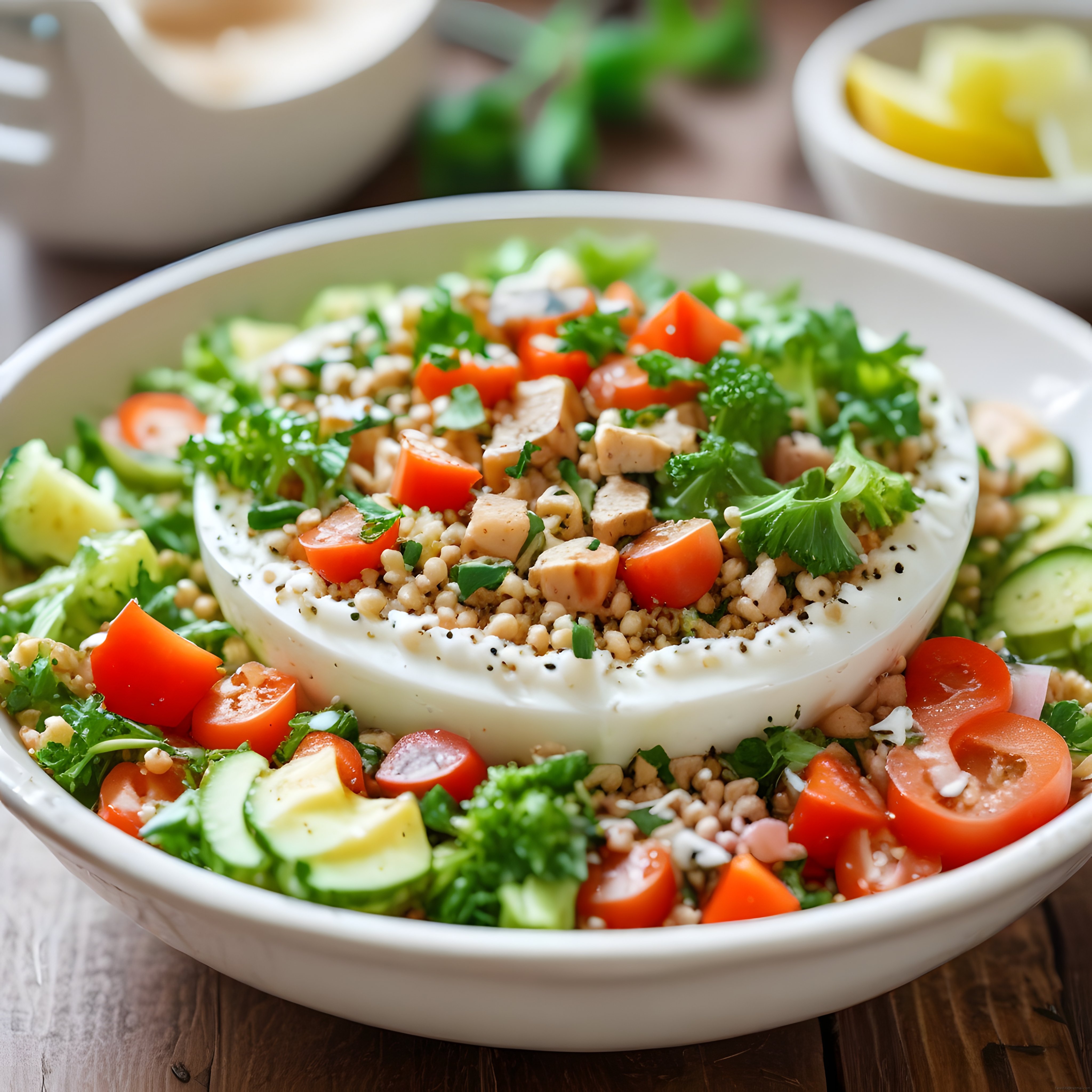 Renkli Sebzeli Tavuklu Kinoa Salatası ve Yoğurtlu Sağlıklı Protein Kasesi