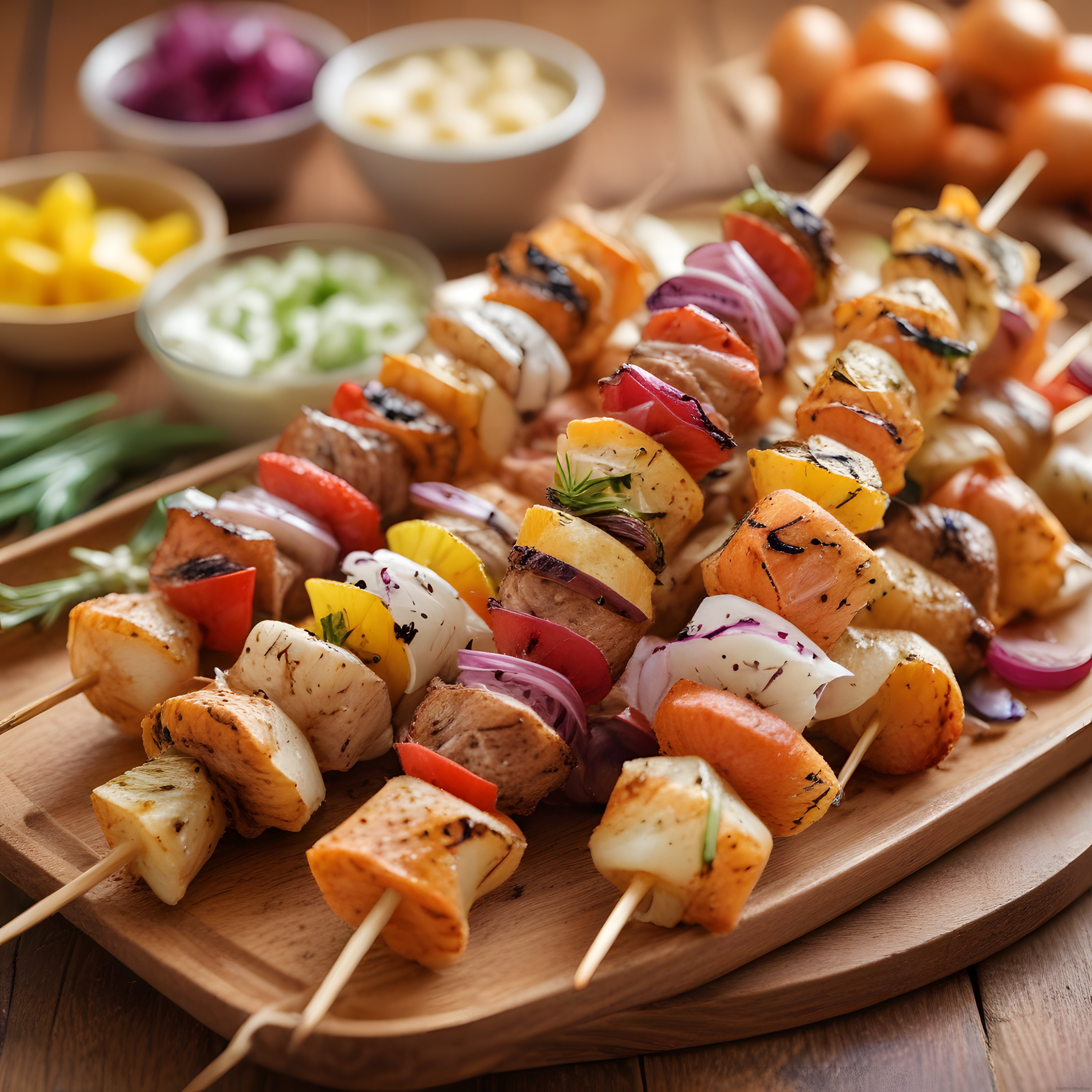 Renkli Sebzeli Tavuklu Şiş Kebap: Ahşap Sunum Tahtasında Leziz Izgara Keyfi