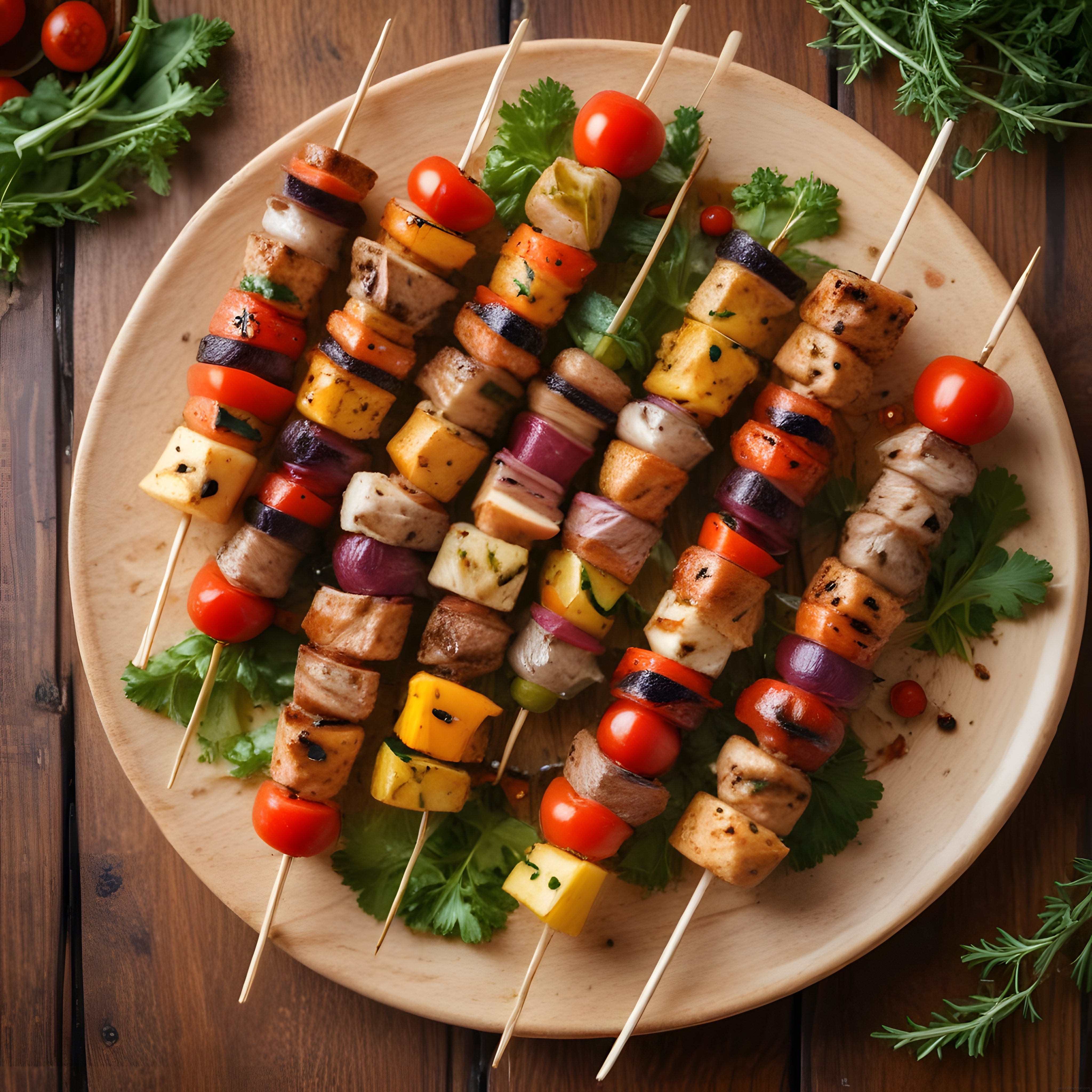 Renkli sebzeli ve baharatlı etli ızgara şiş kebap ahşap sunum tabağı