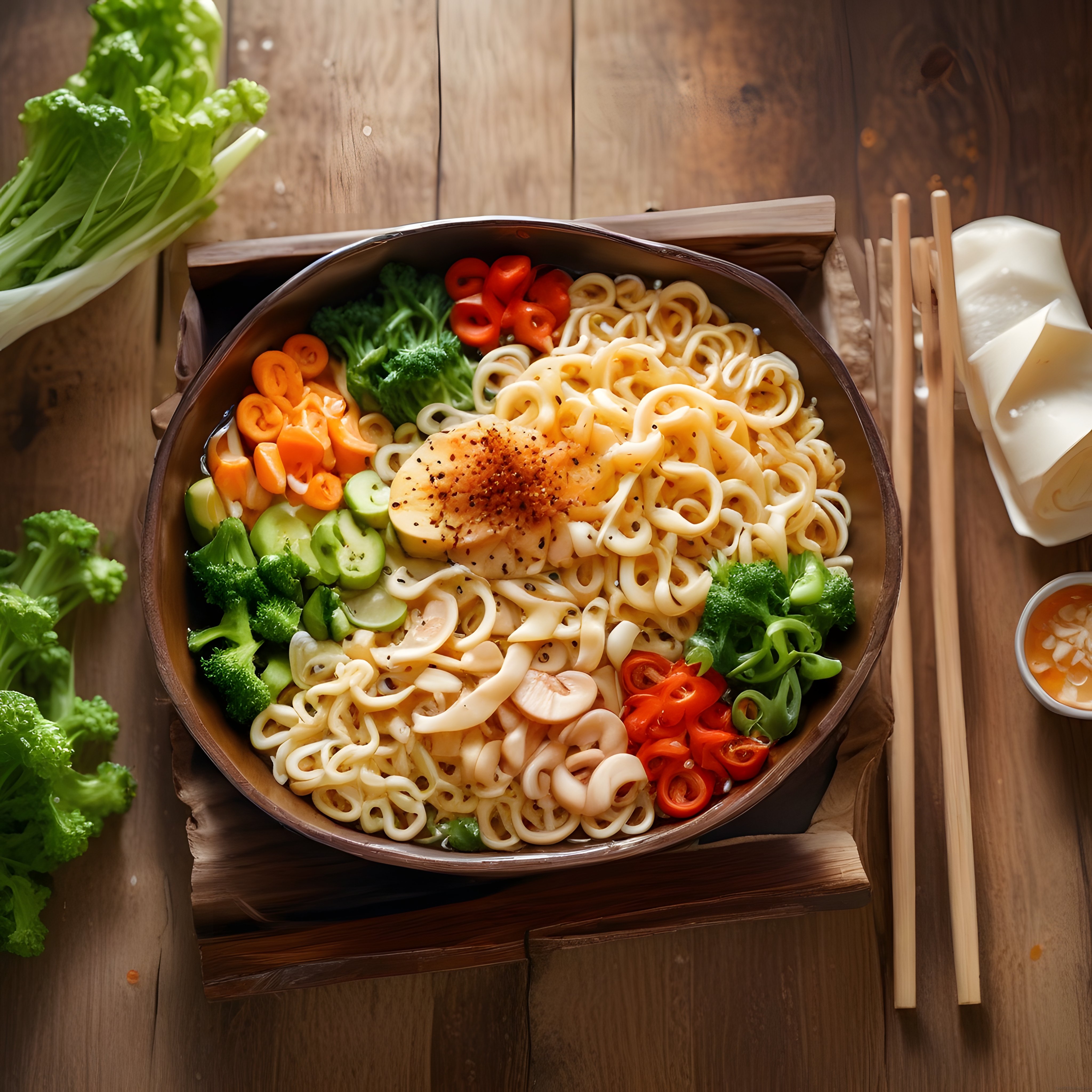 Renkli sebzeli ve baharatlı sıcak noodle tasarımı ahşap sunumda