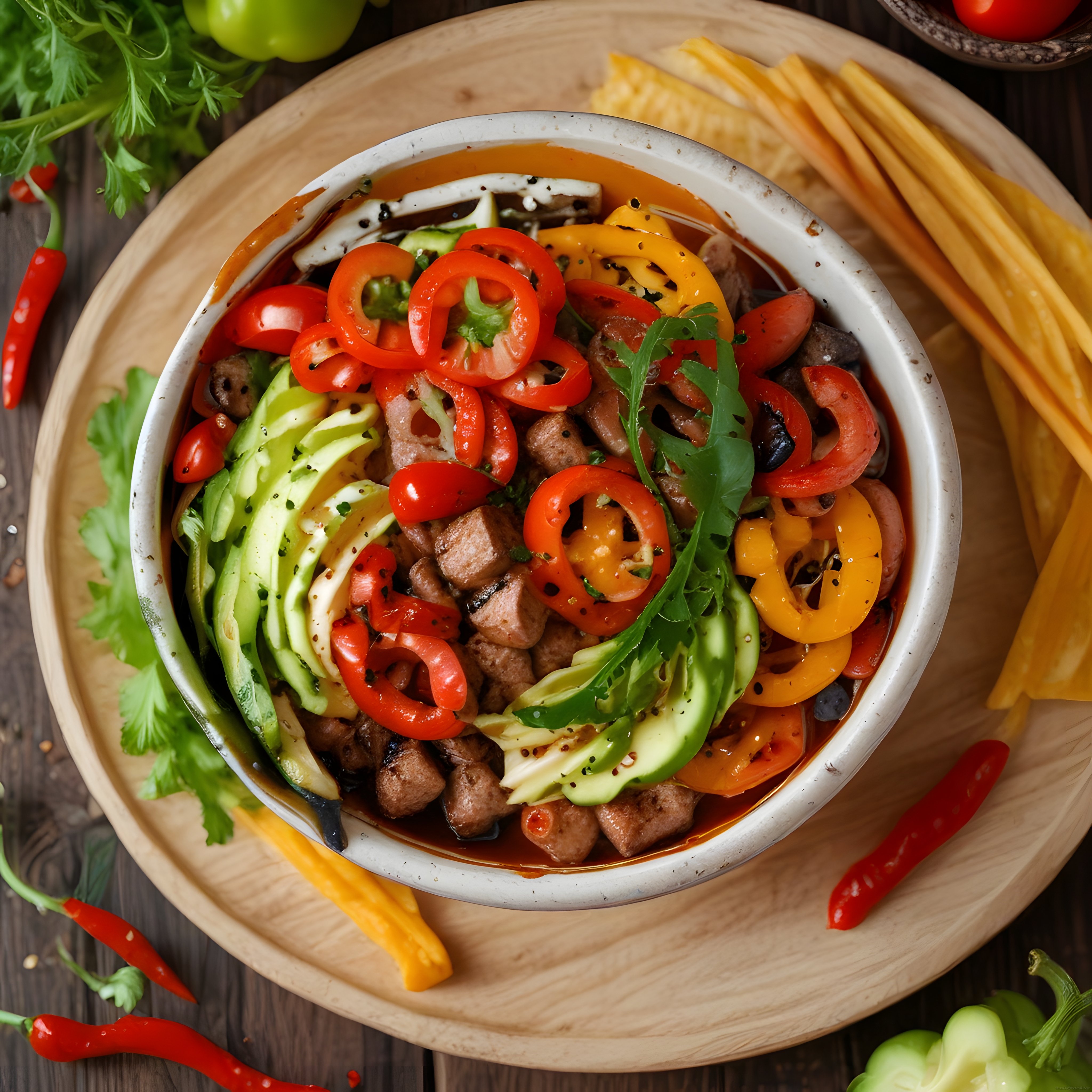 Renkli sebzeli ve etli meksika taco kasesi ev yapımı sağlıklı burrito bowl