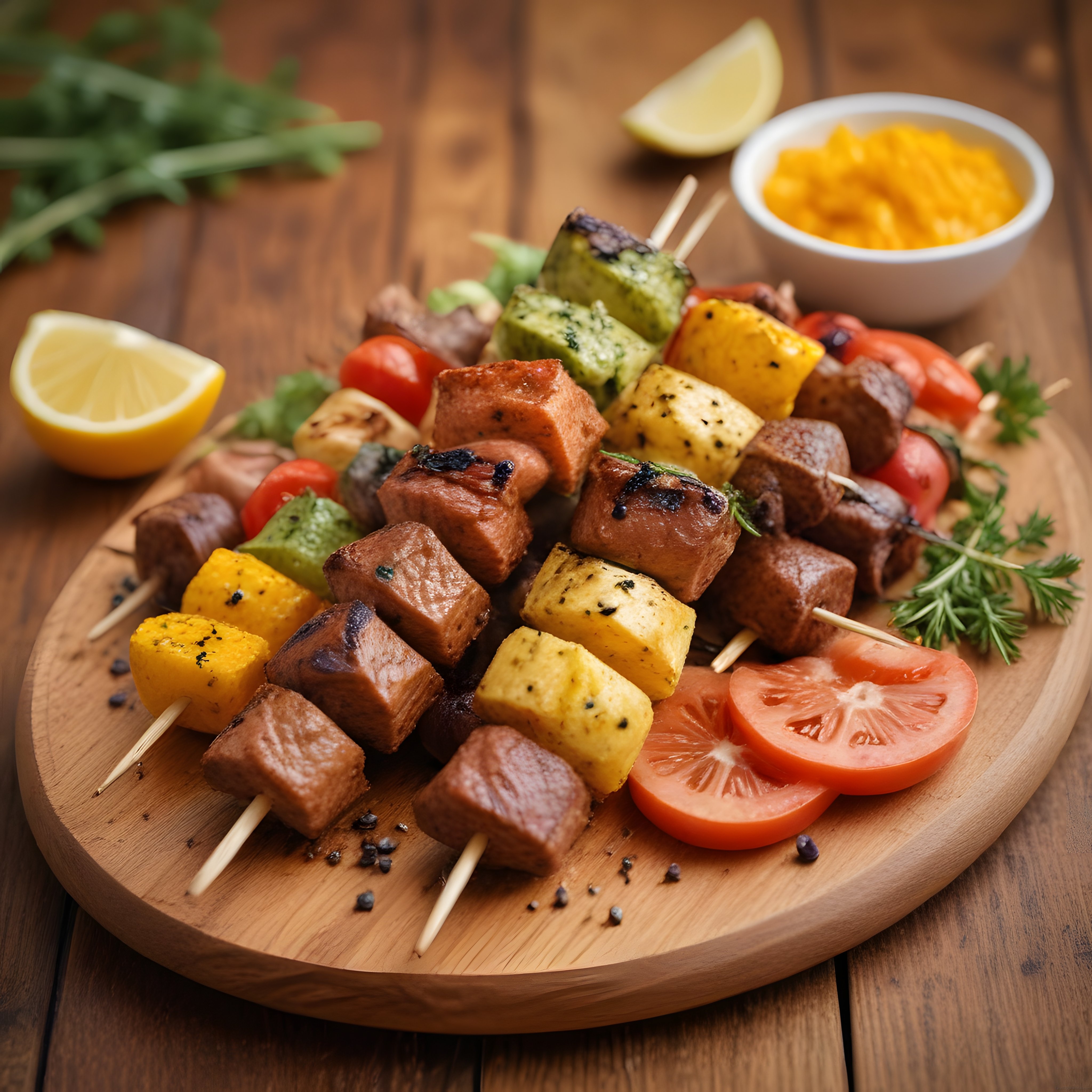 Renkli Sebzeli ve Etli Şiş Kebap: Ahşap Sunum Tahtasında Lezzet Şöleni