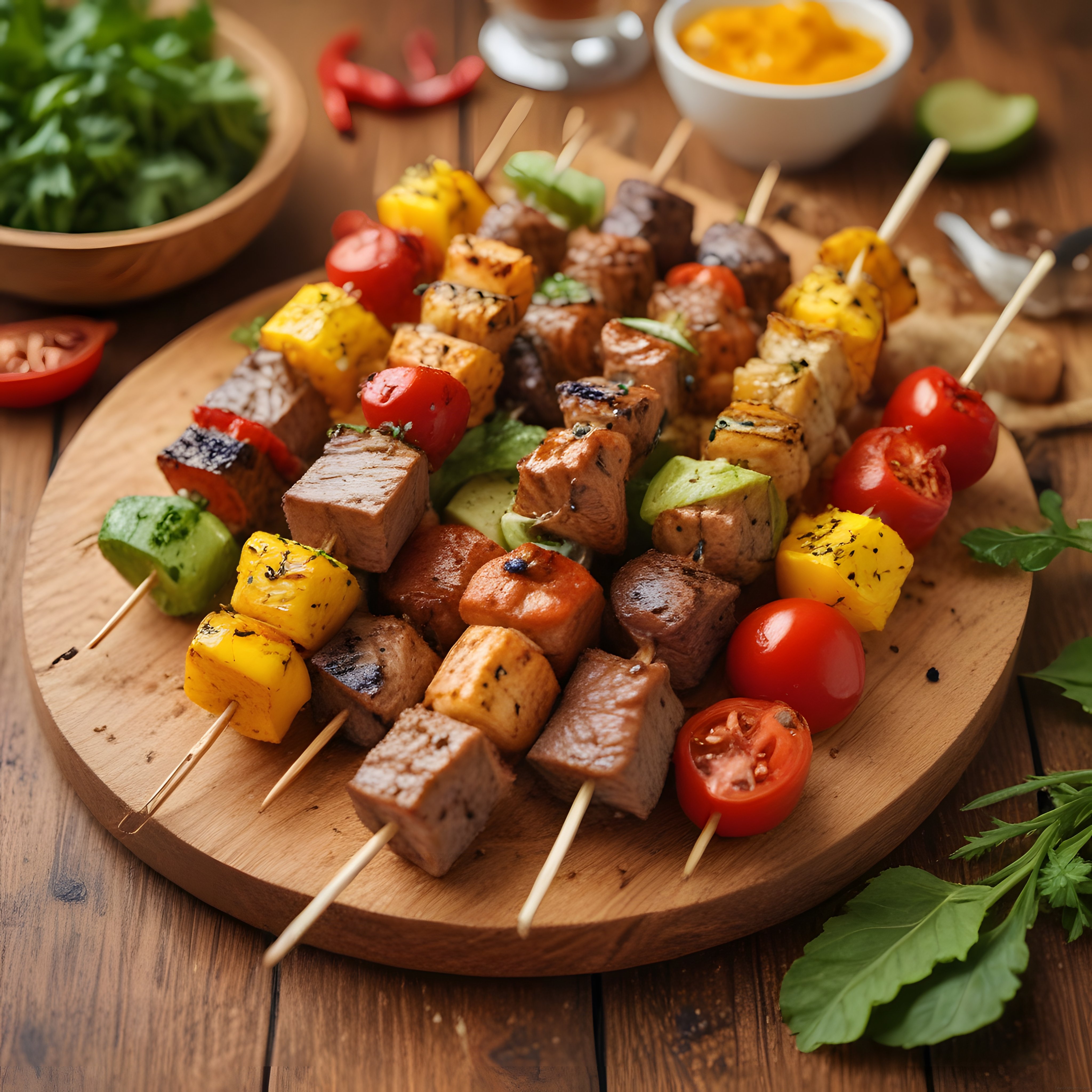 Renkli Sebzeli ve Etli Şiş Kebap: Ahşap Sunum Tahtasında Lezzet Şöleni