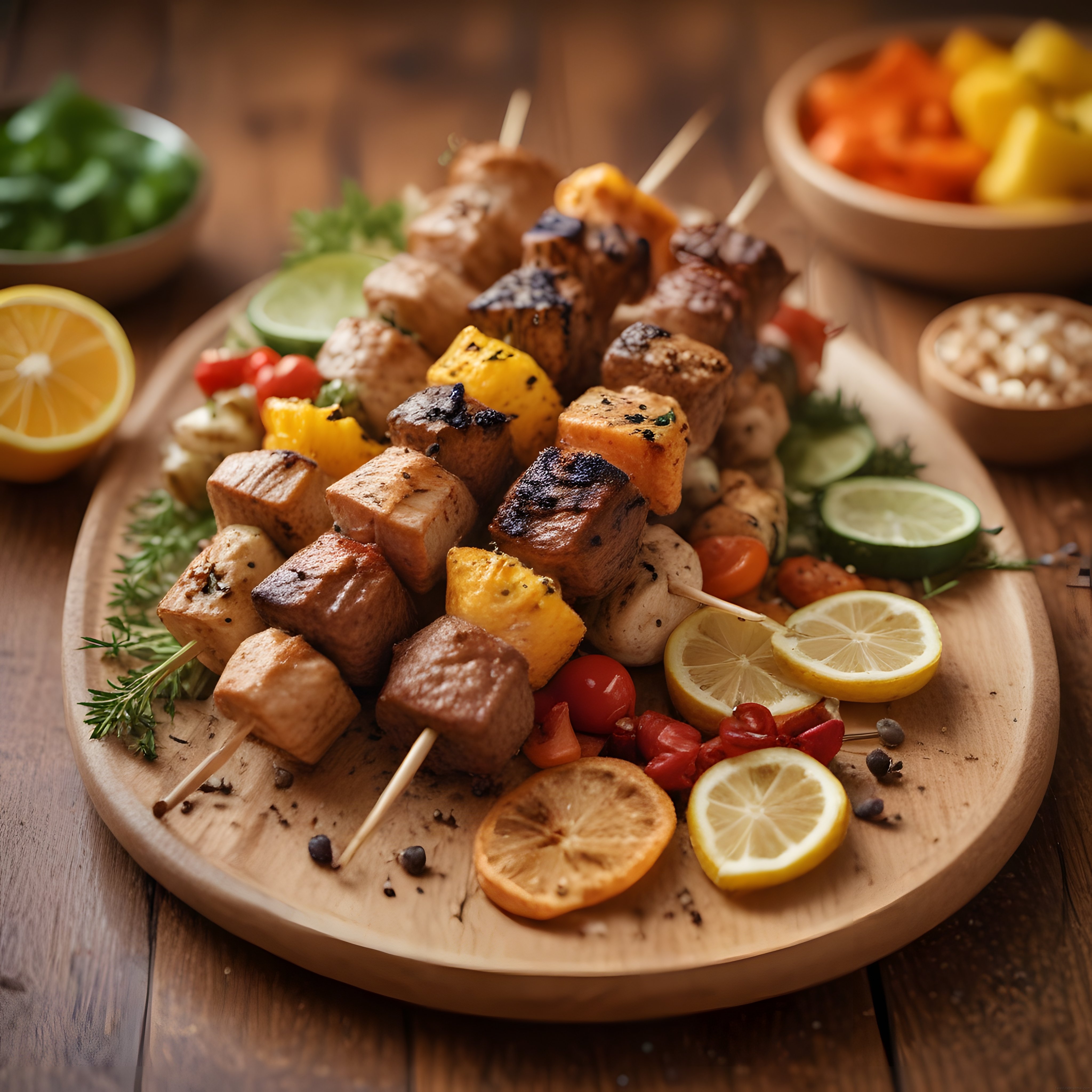 Renkli Sebzeli ve Mantarlı Izgara Şiş Kebap Ahşap Sunum Tabağında