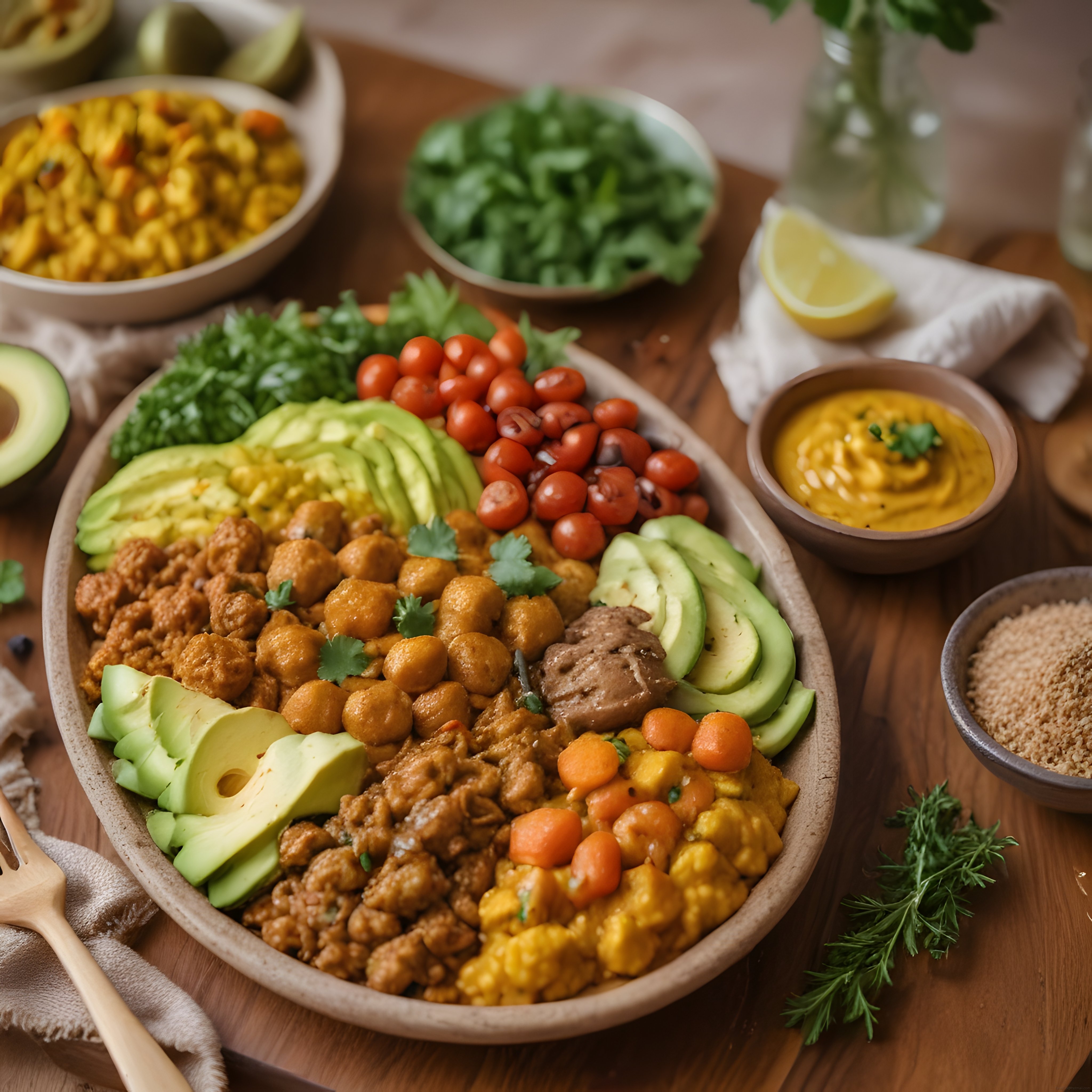 Renkli Sebzeli ve Nohutlu Sağlıklı Vegan Buddha Bowl Kase Sunumu