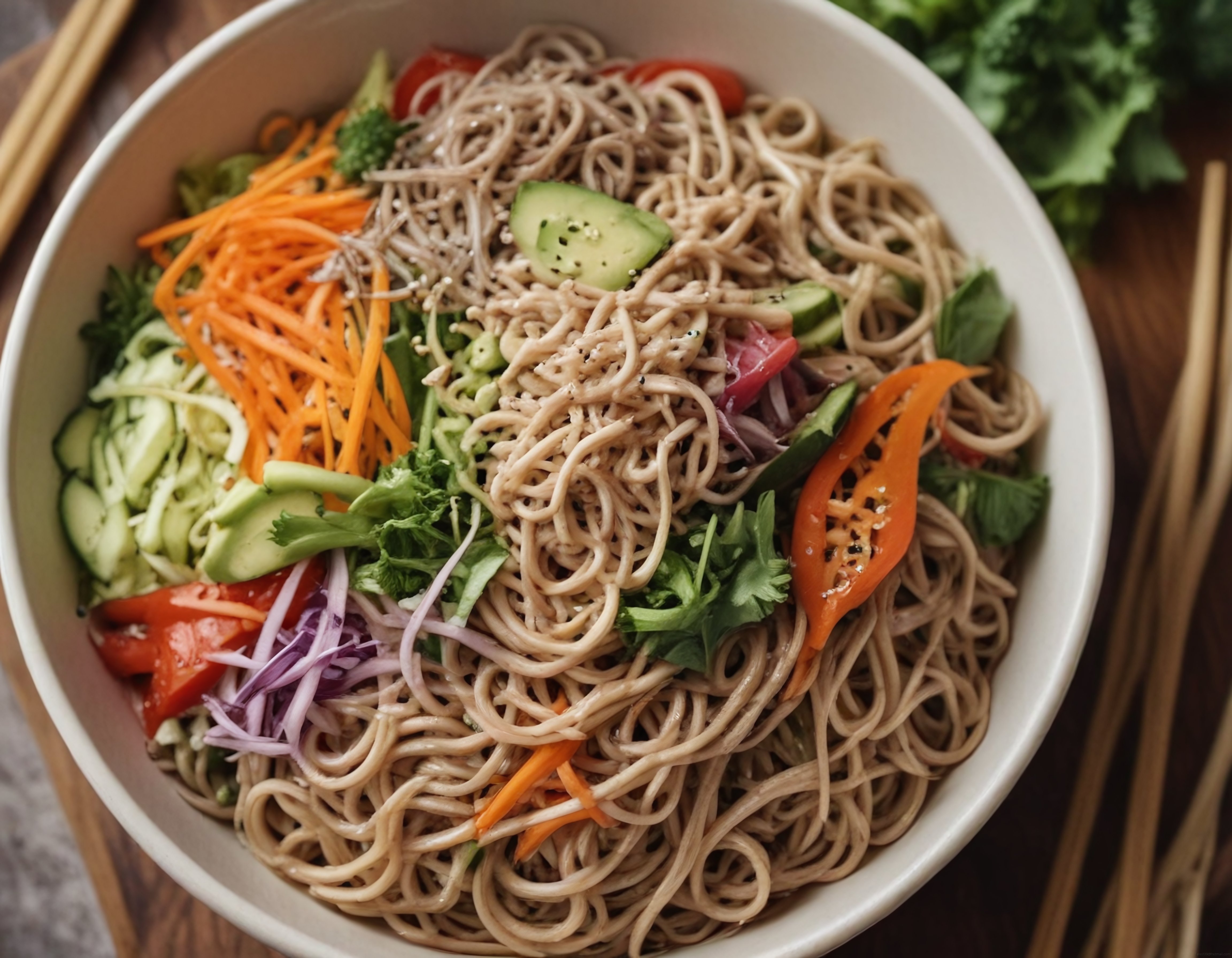 Renkli Sebzeli ve Soba Eriştesiyle Ferahlatıcı Asya Salatası Kasesi