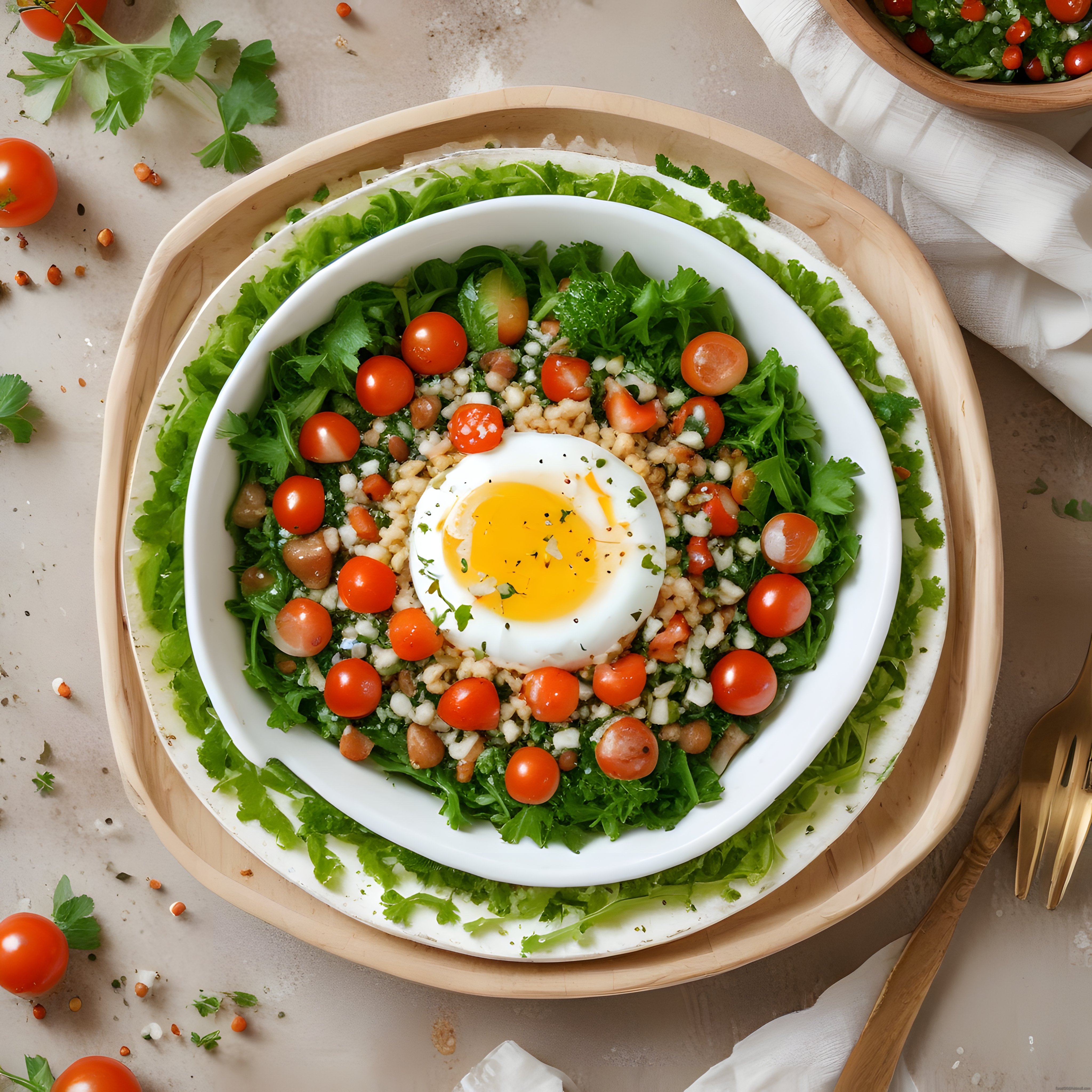 Renkli sebzeli ve tahıllı poşe yumurtalı besleyici salata kasesi