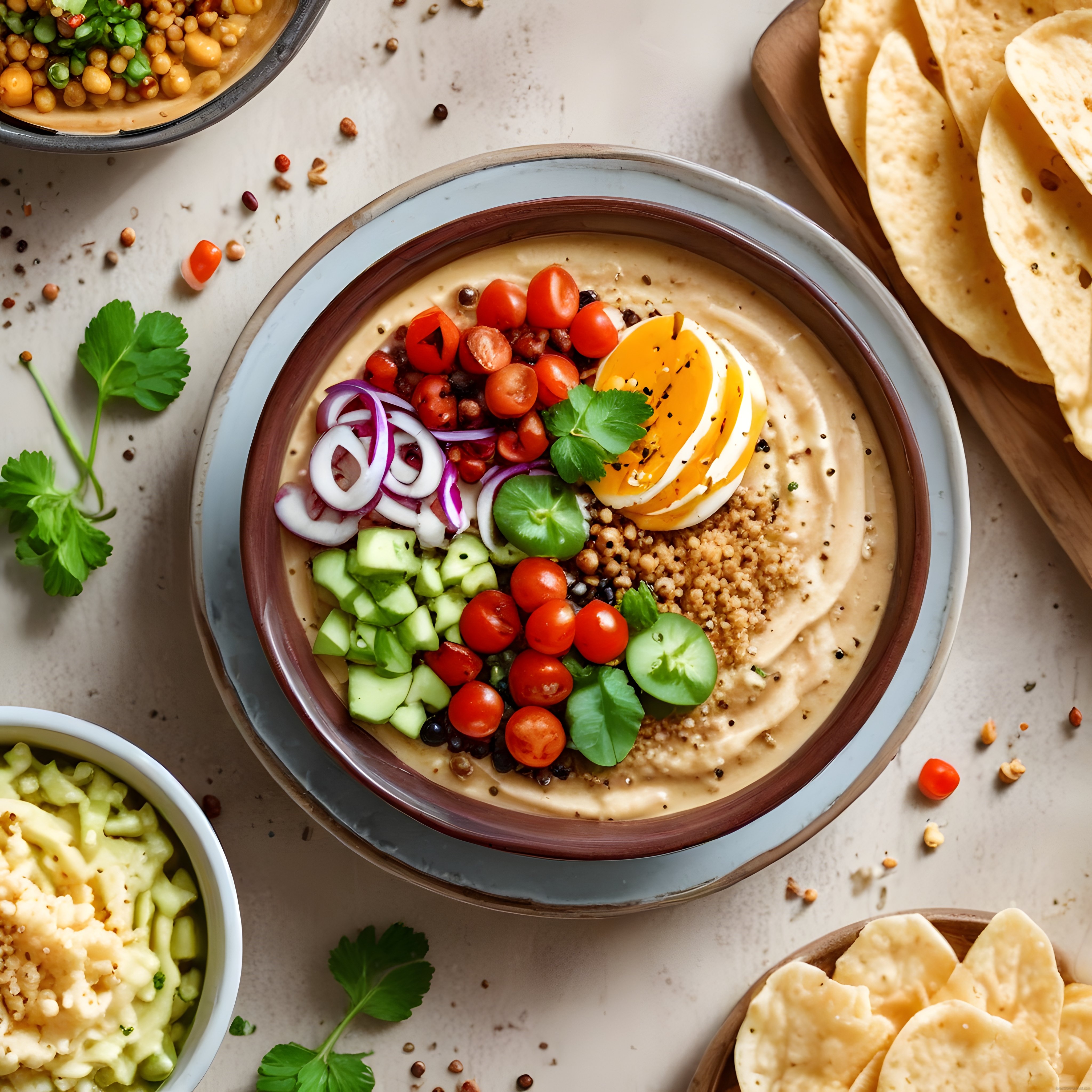 Renkli Sebzeli ve Yumurtalı Humus Kasesi: Sağlıklı ve Lezzetli Meze Sunumu