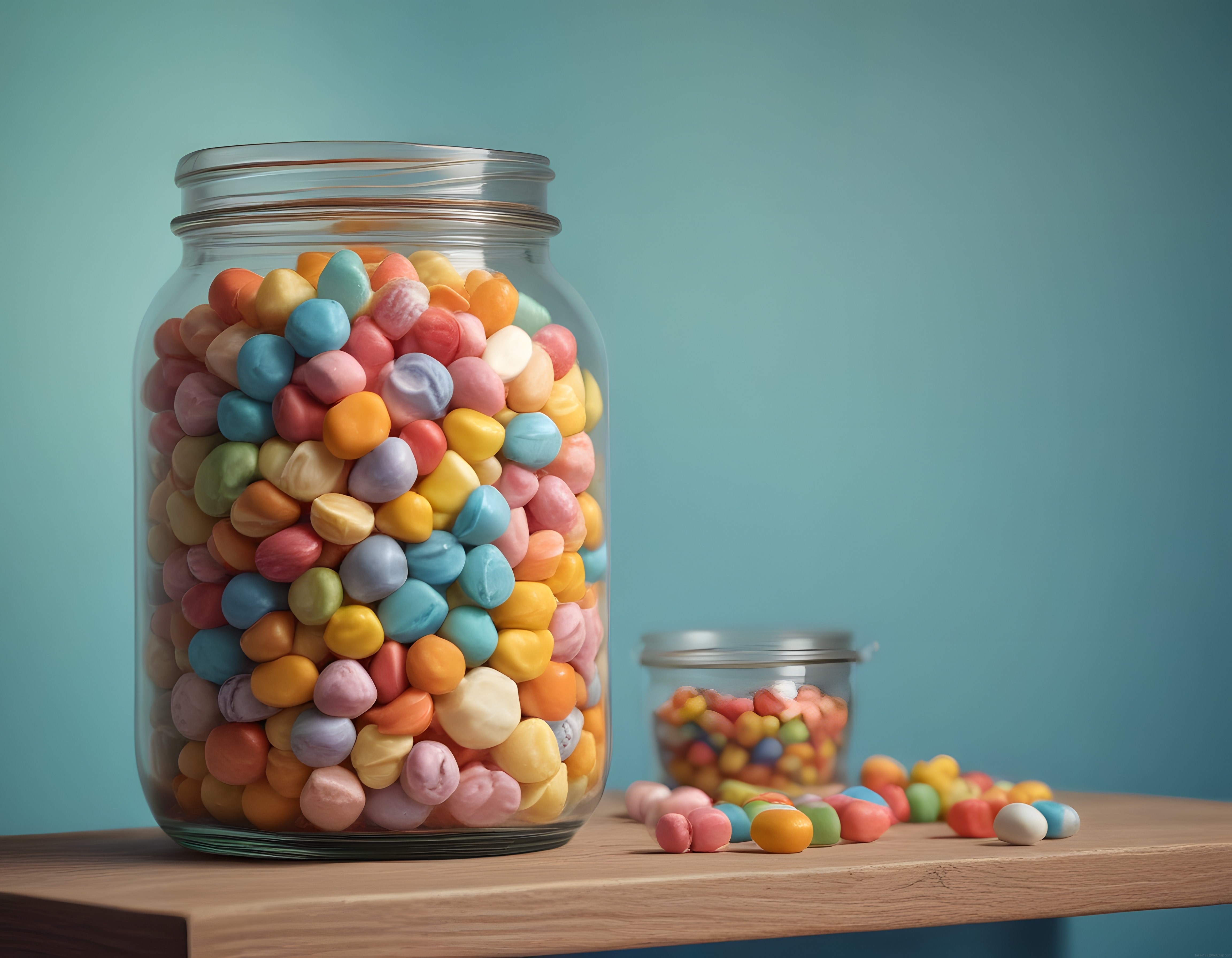 Renkli şeker dolu cam kavanoz ve pastel mavi arka planlı tatlı mutfak görünümü