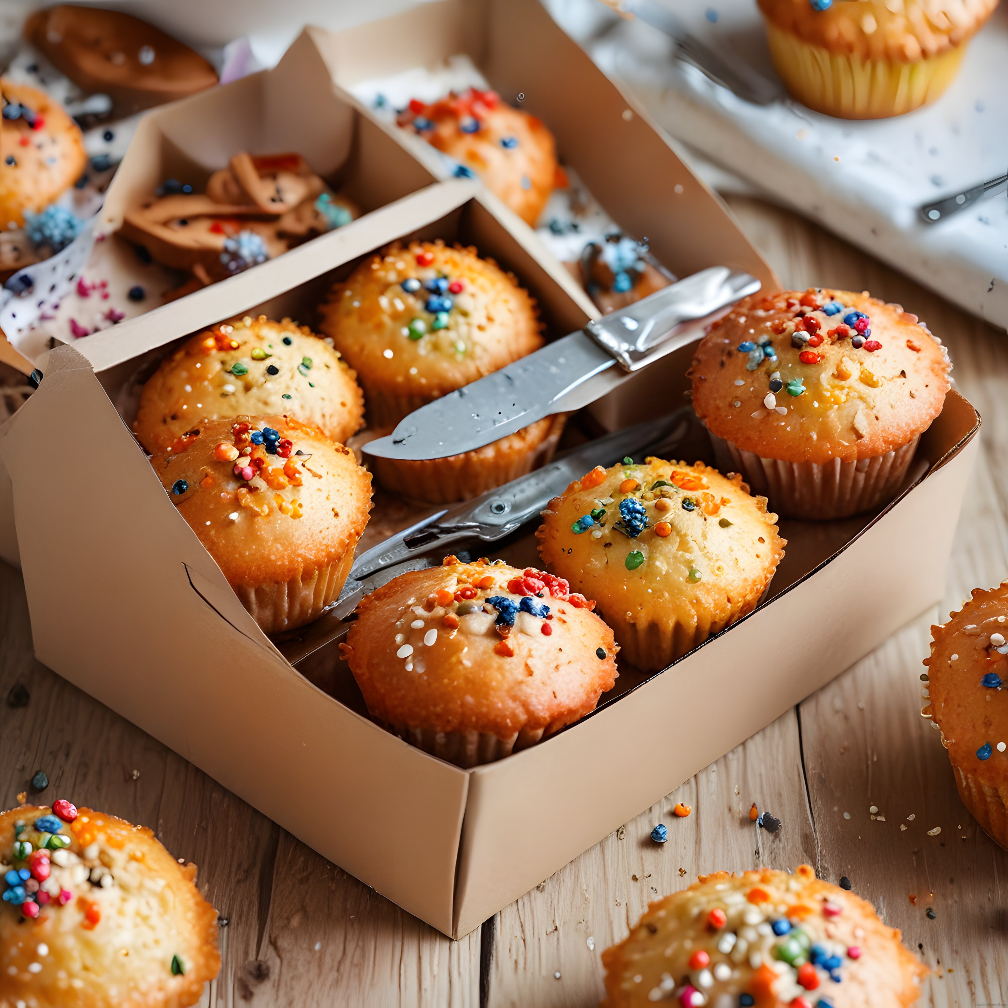 Renkli Şeker Serpmeleriyle Süslenmiş Taptaze Muffinler ve Kapkek Sunumu