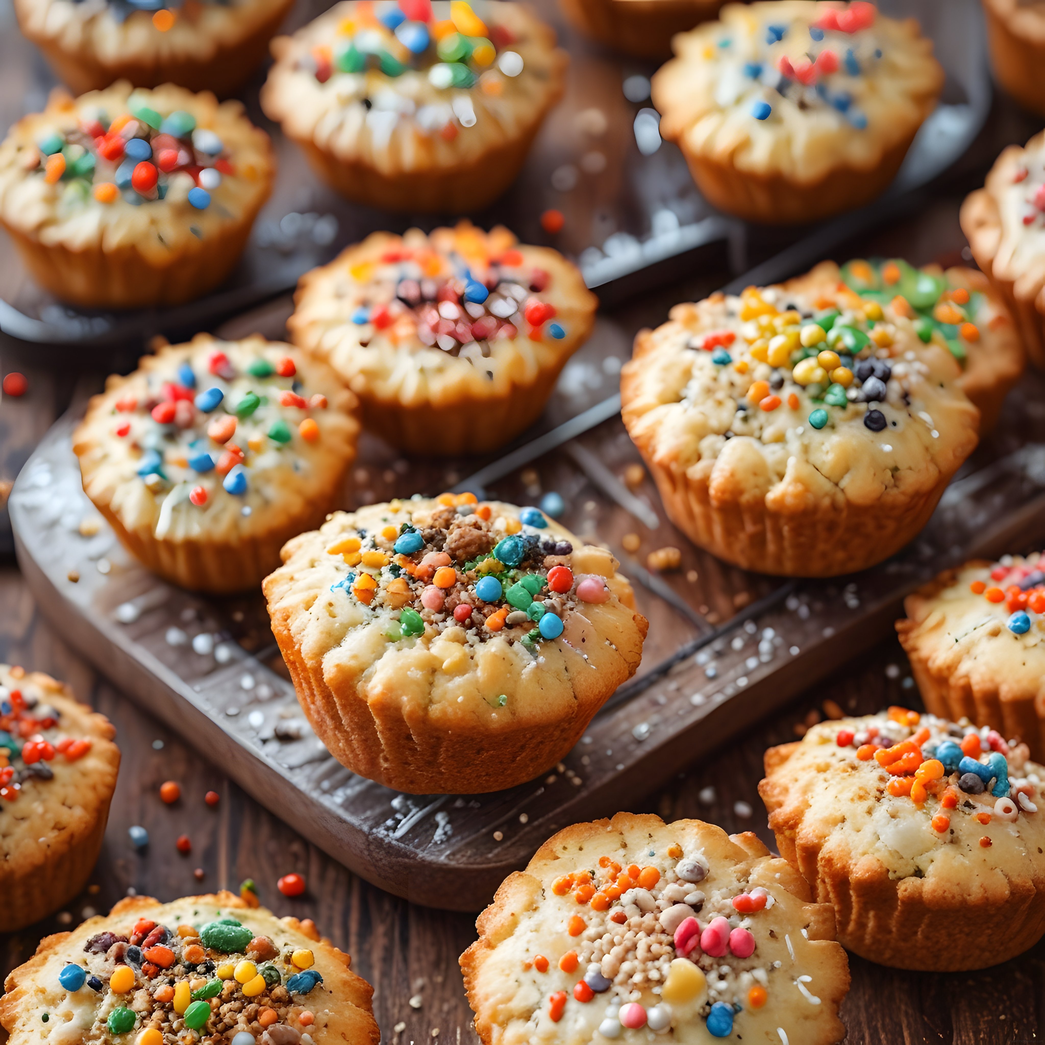 Renkli şekerlemelerle süslenmiş ev yapımı mini tart ve tatlı muffinler