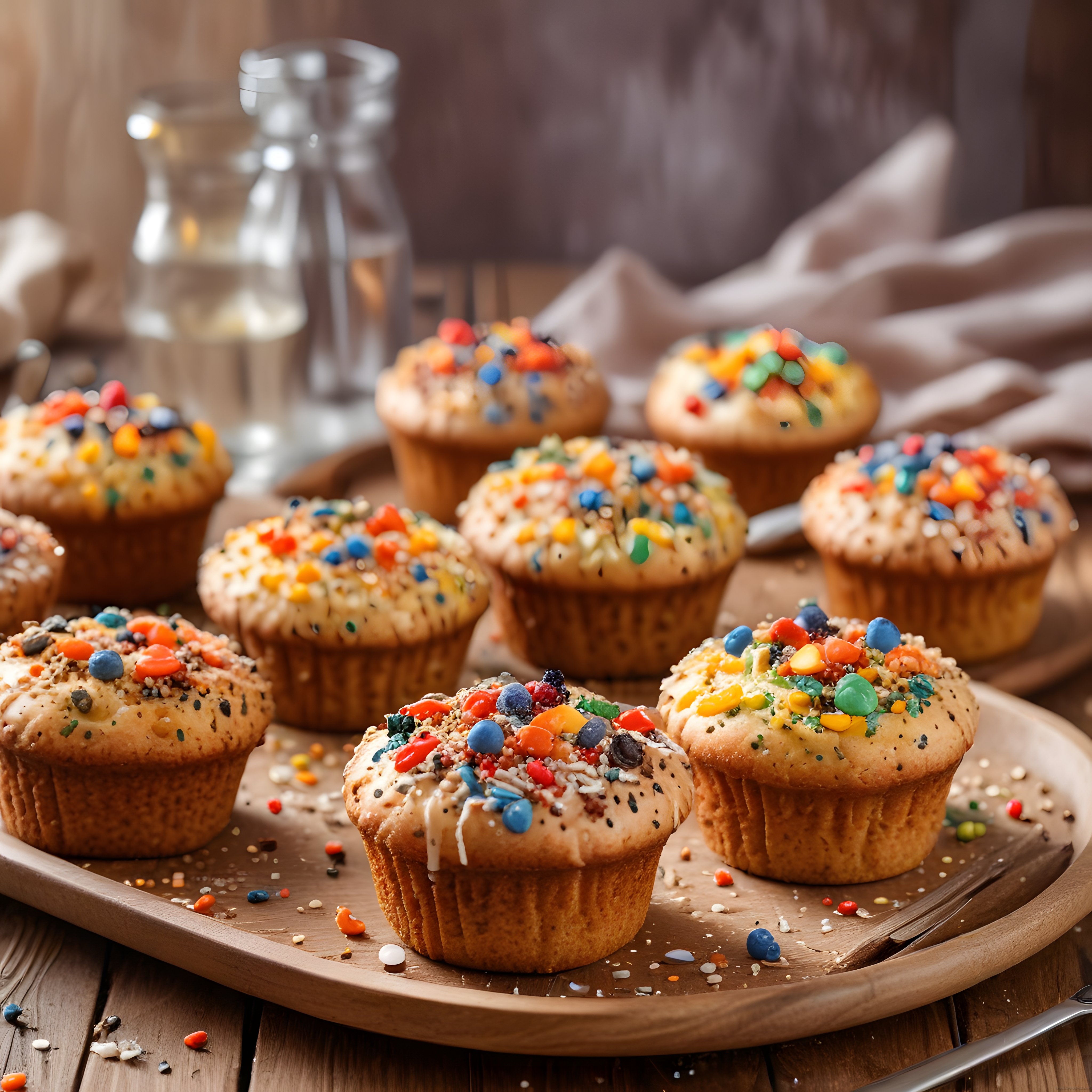 Renkli Şekerlemelerle Süslenmiş Ev Yapımı Muffinler ve Sıcak Tatlı Sunum