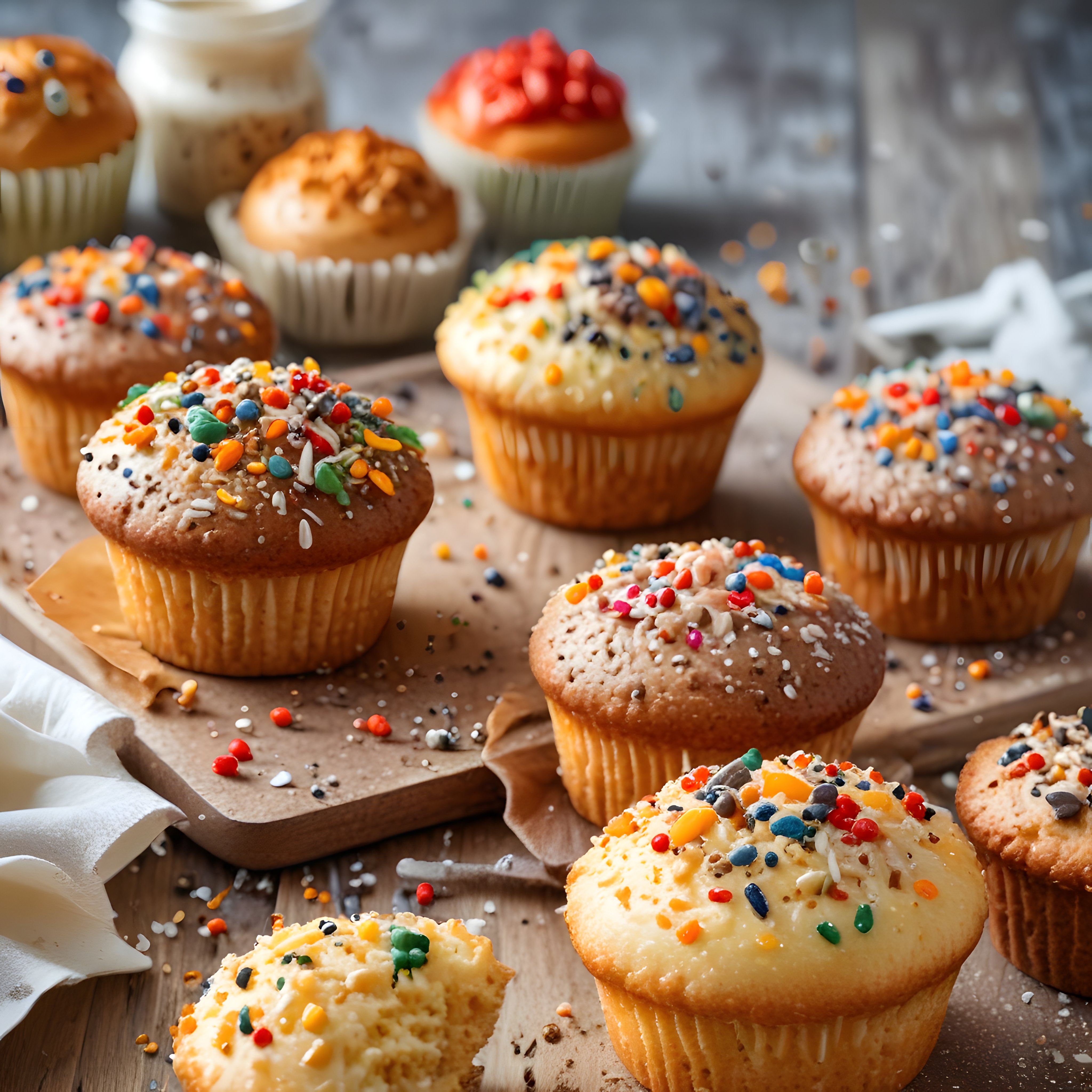 Renkli Şekerlemelerle Süslenmiş Ev Yapımı Muffinler ve Tatlı Sunumu