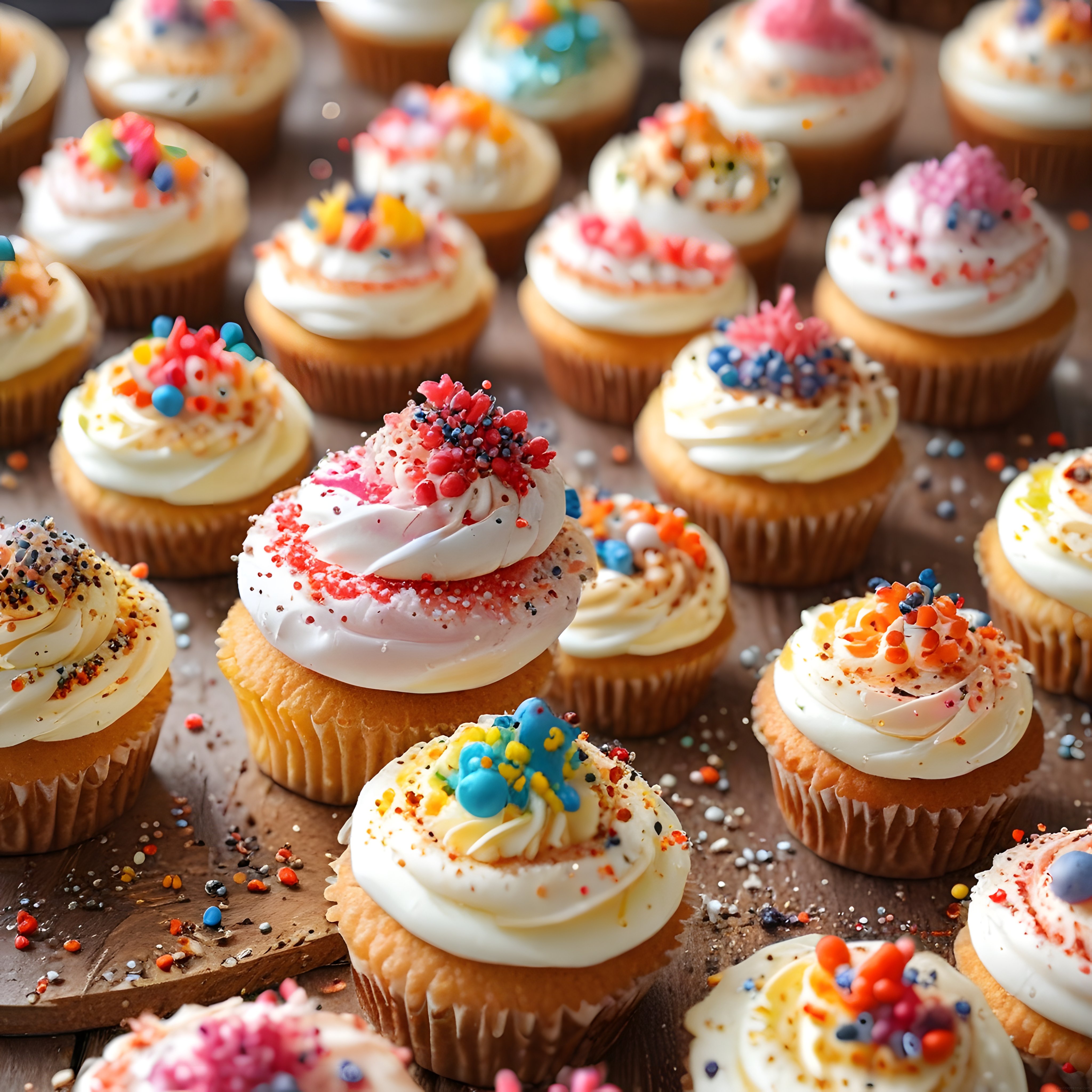 Renkli Şekerlemelerle Süslenmiş Kremalı Cupcakelerin Nefis Görüntüsü