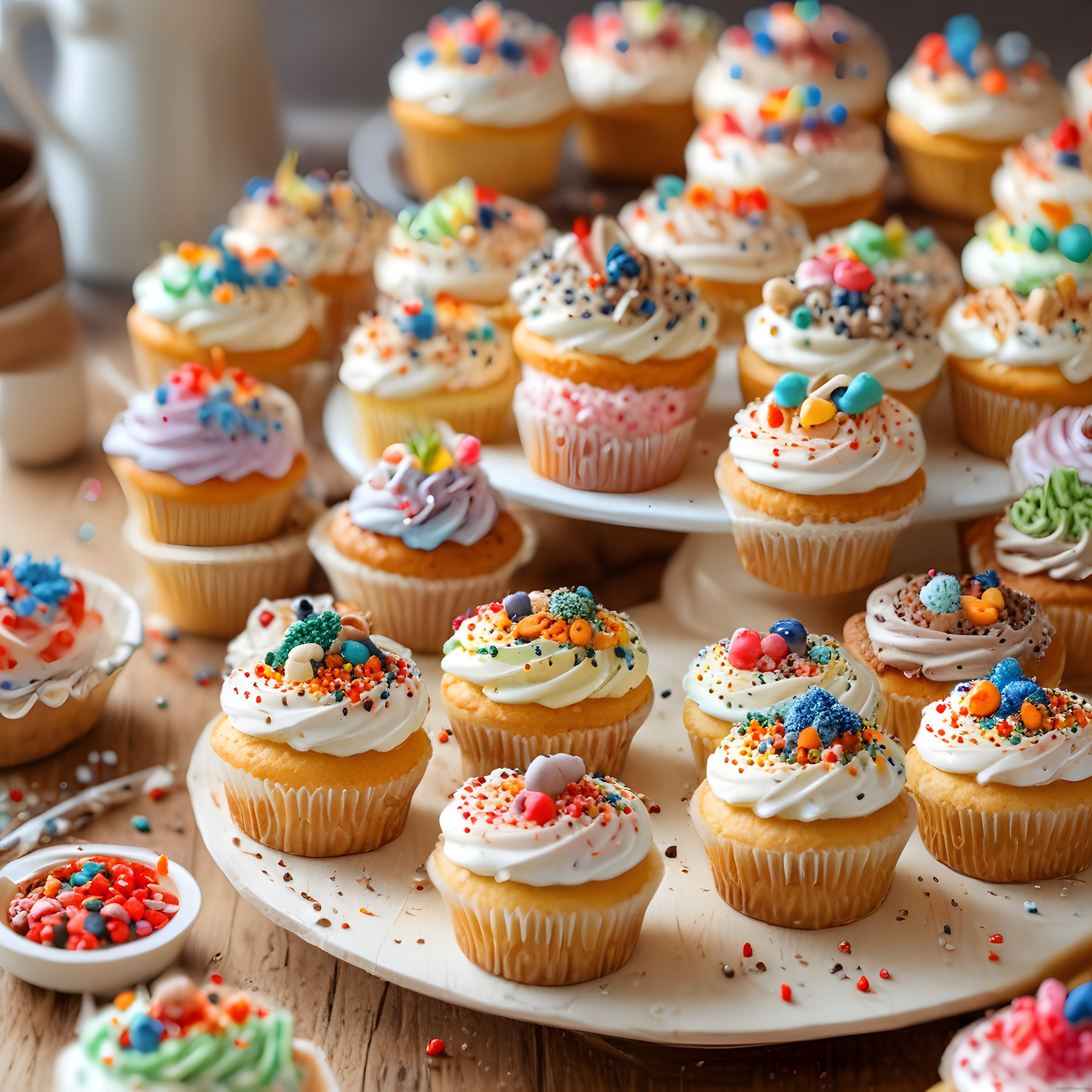 Renkli Şekerlemeli Cupcake'ler: Kremalı Mini Keklerden Oluşan Tatlı Sunum