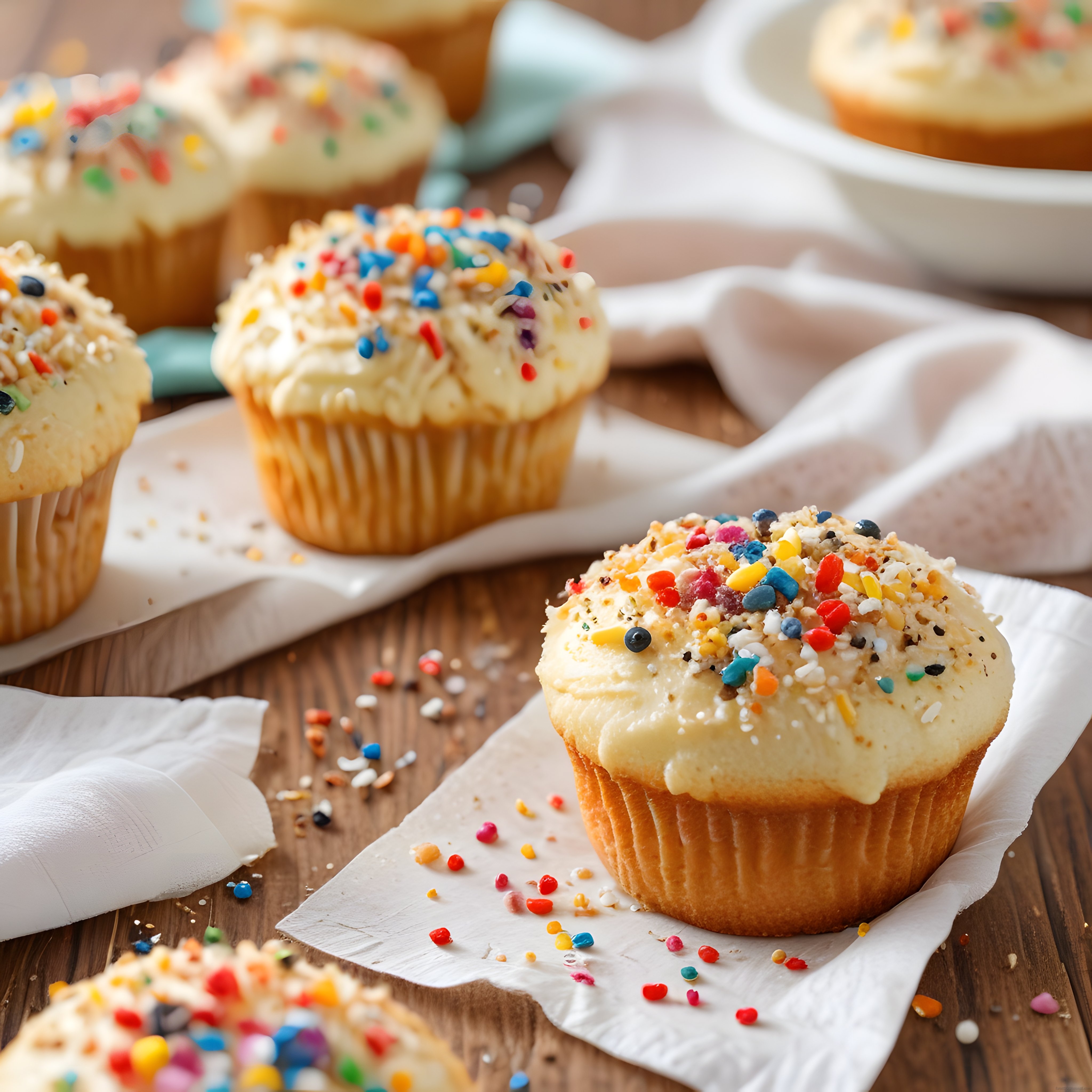 Renkli Şekerlemeli Cupcake'lerle Ahşap Masa Üzerinde Neşeli Tatlı Sunumu
