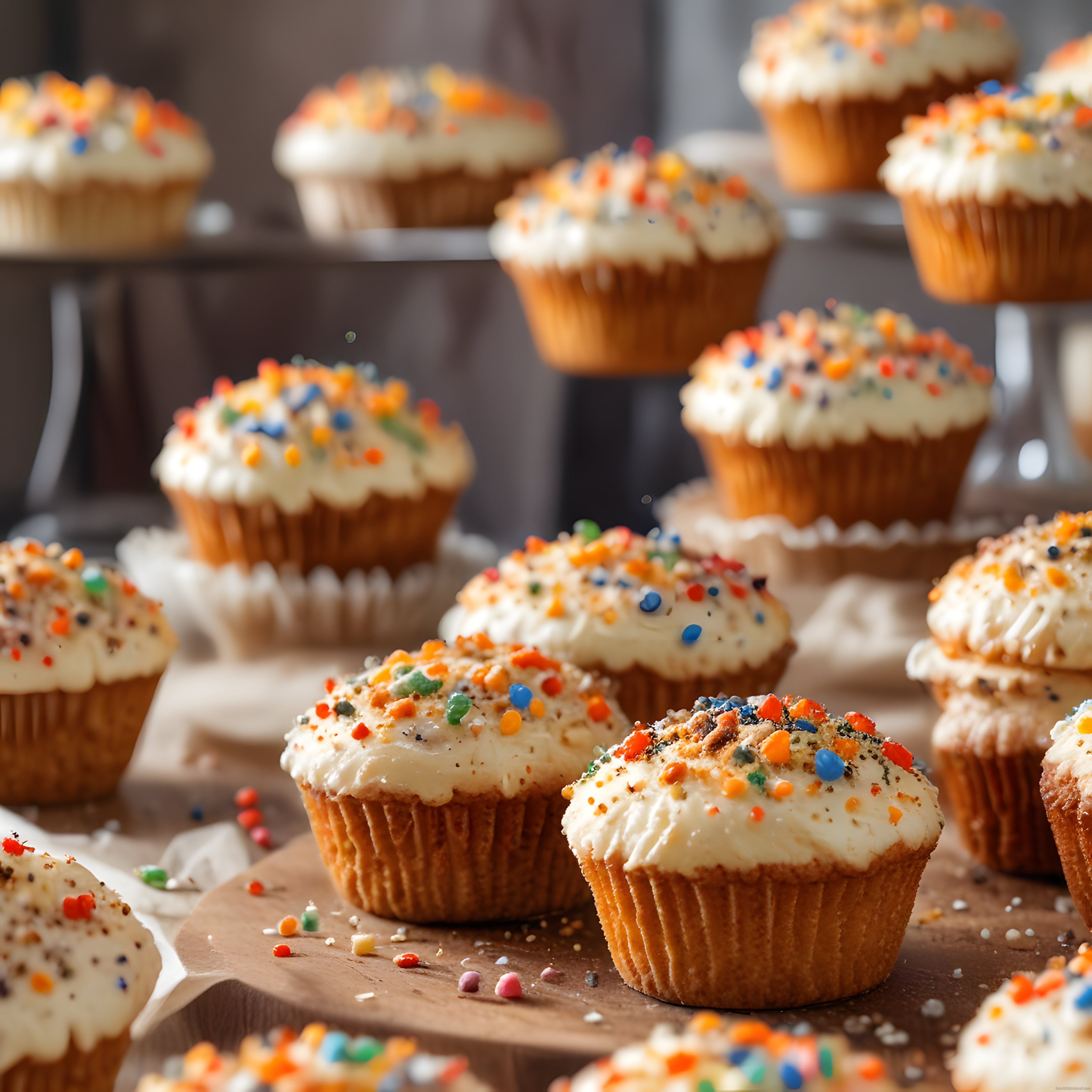 Renkli Serpintilerle Süslenmiş Ev Yapımı Cupcakeler ve Tatlı Sunum