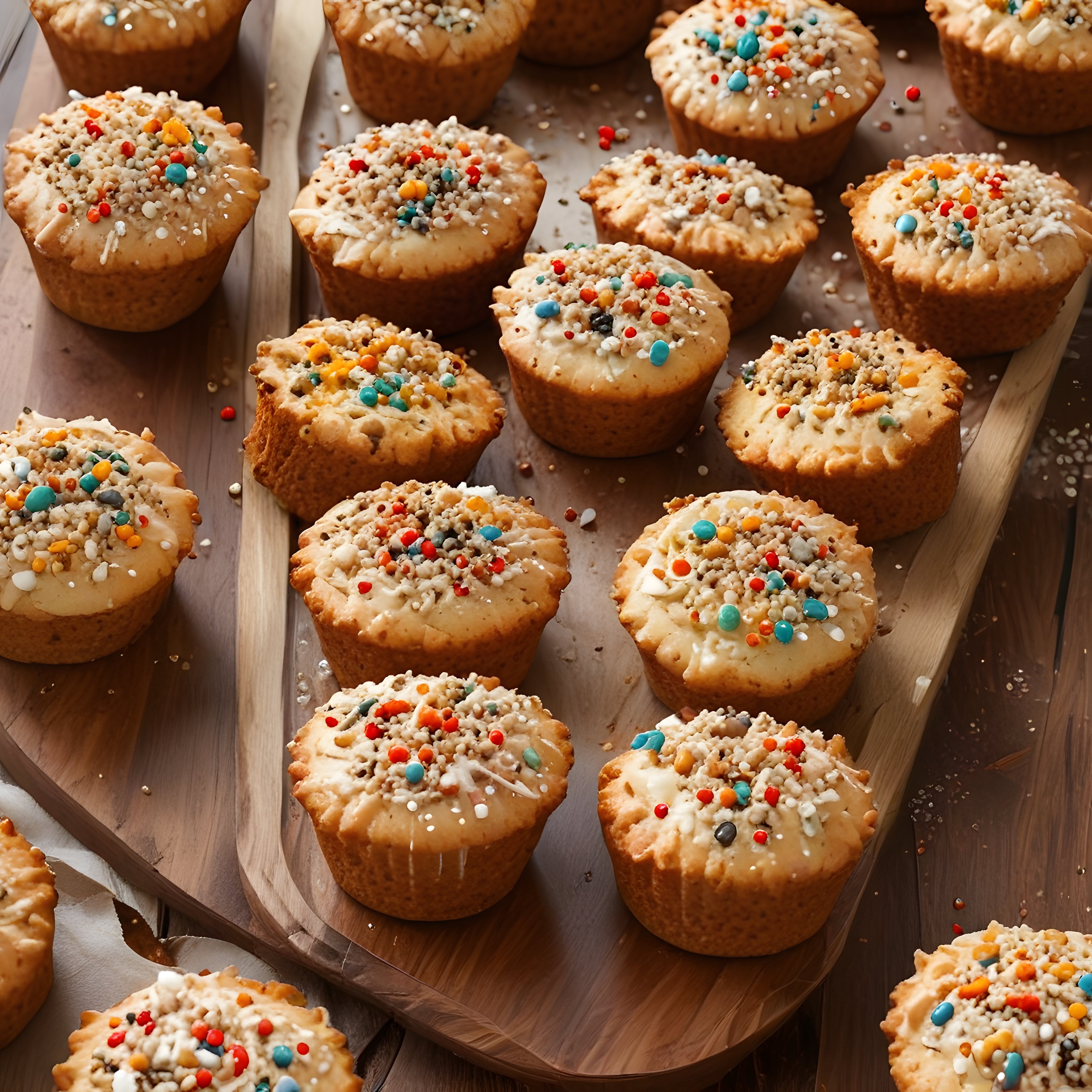 Renkli serpintili ve beyaz glazürlü ev yapımı muffinler ahşap sunumda