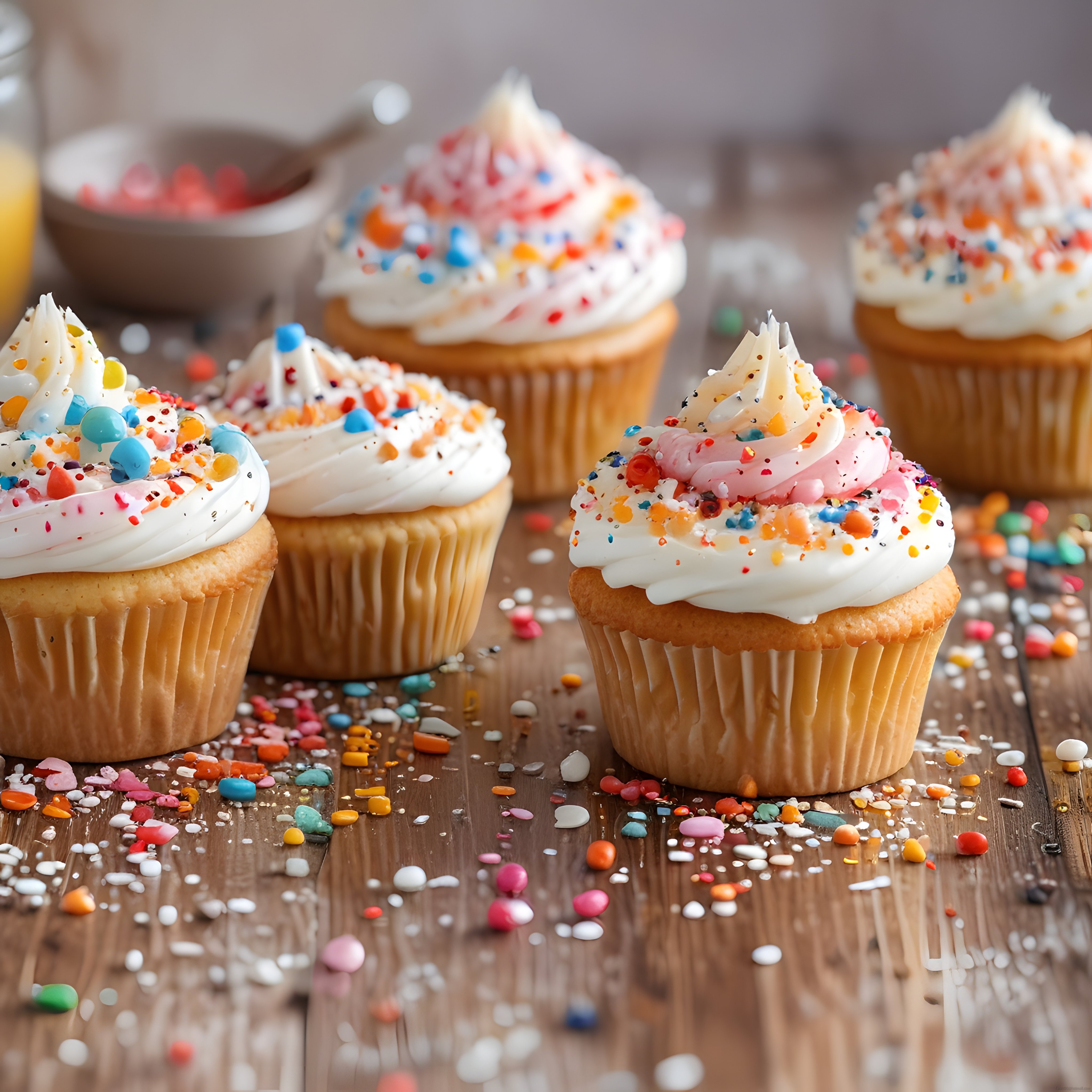 Renkli serpme süslemeli cupcake'ler ahşap masa üzerinde nefis bir sunum