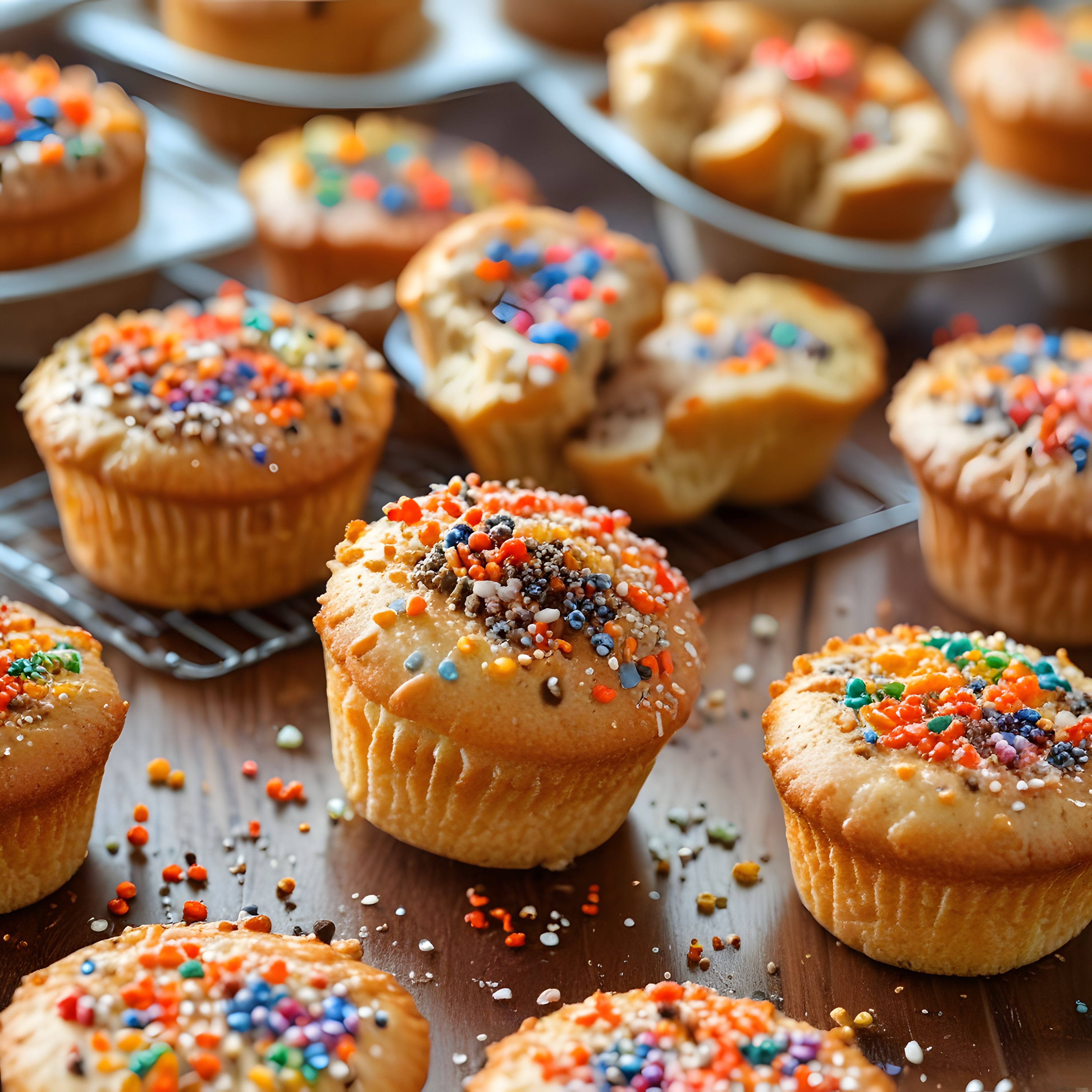 Renkli serpmelerle süslenmiş ev yapımı muffinler ve tatlı hamur işleri