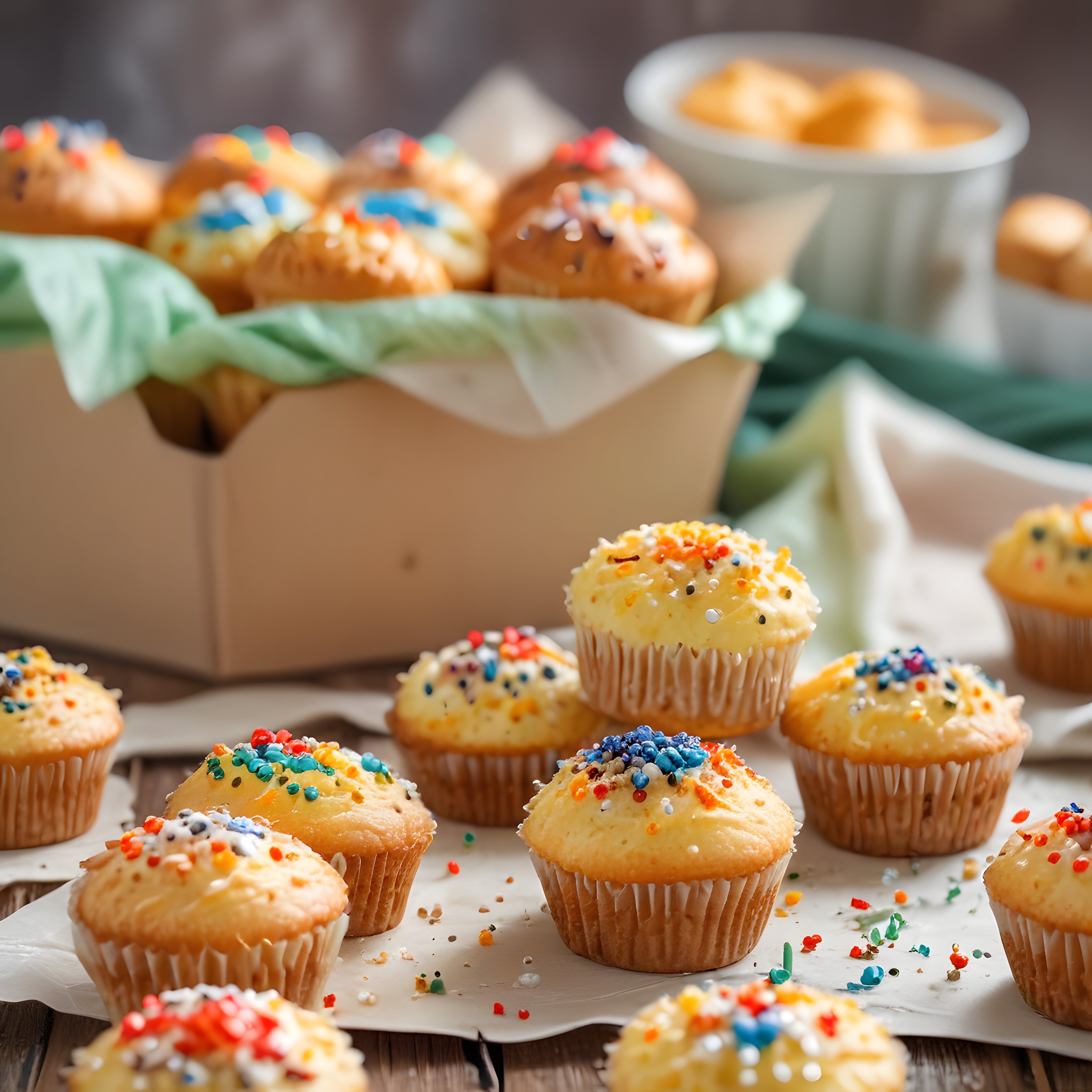 Renkli serpmeli ev yapımı muffin ve kapkeklerle hazırlanmış tatlı sunum masası