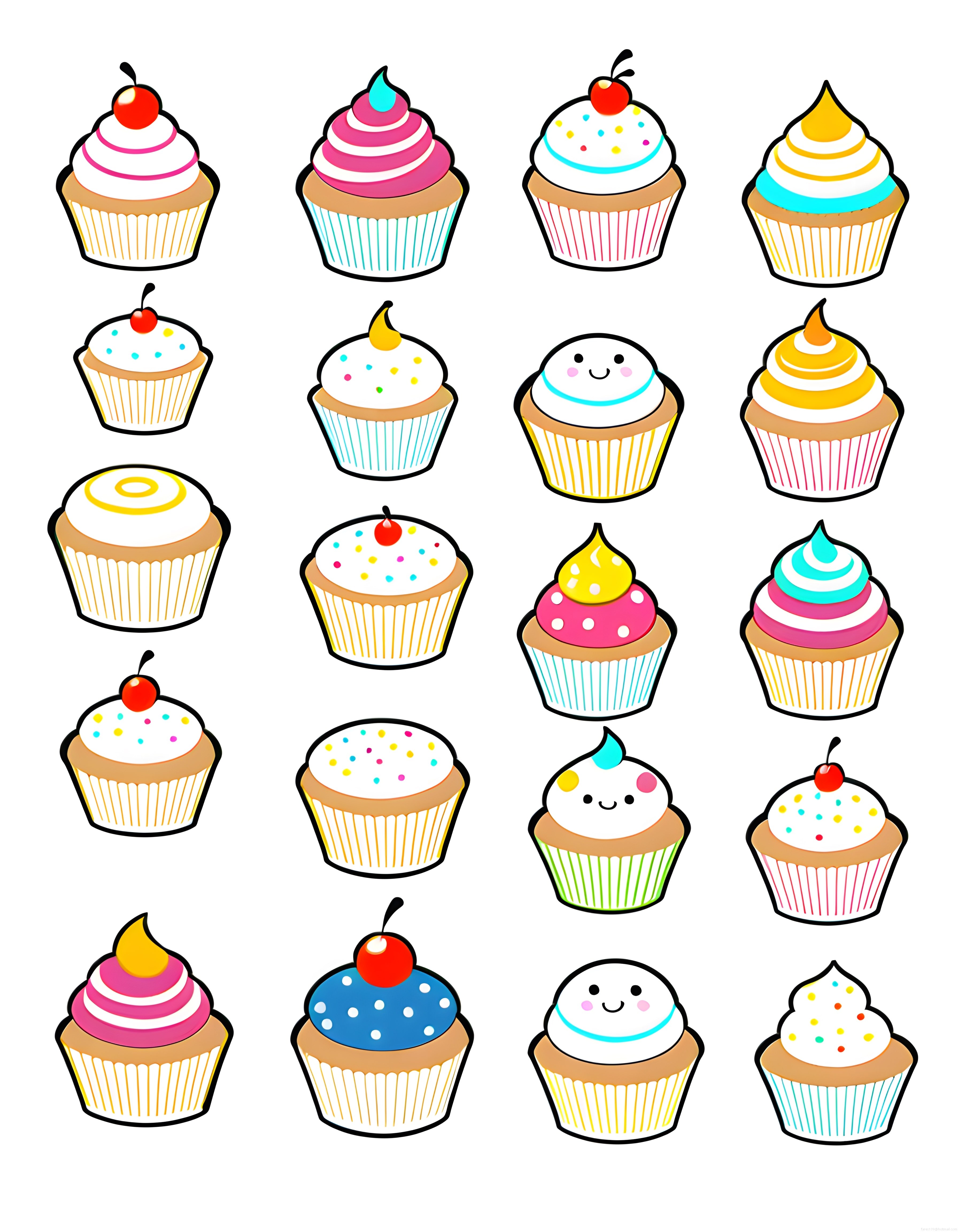 Renkli Sevimli Cupcake Çizimleri: Tatlı Dekorasyon Vektör İllüstrasyon