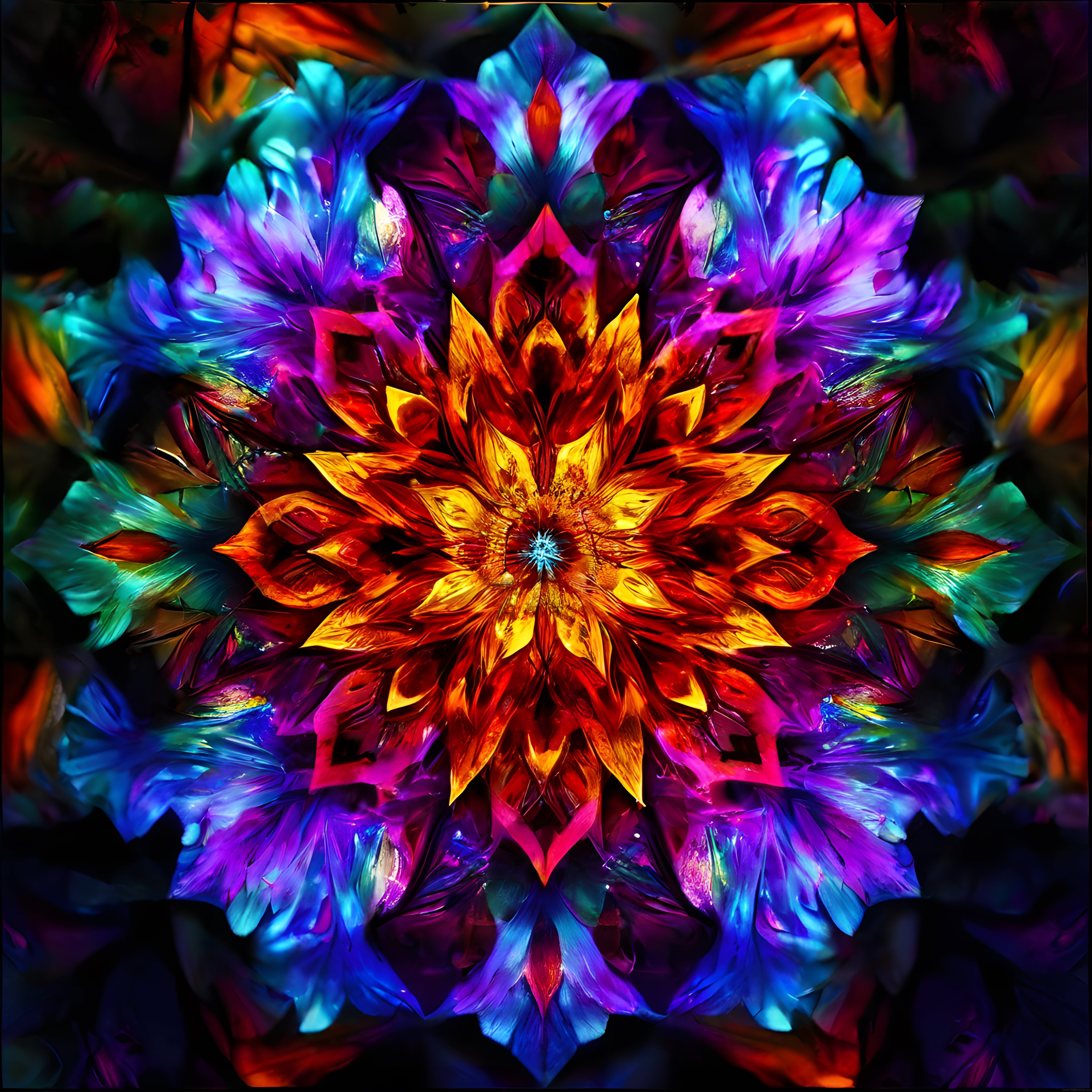 Renkli Simetrik Kristal Çiçek: Dijital Sanatın Neon Mandala Büyüsü