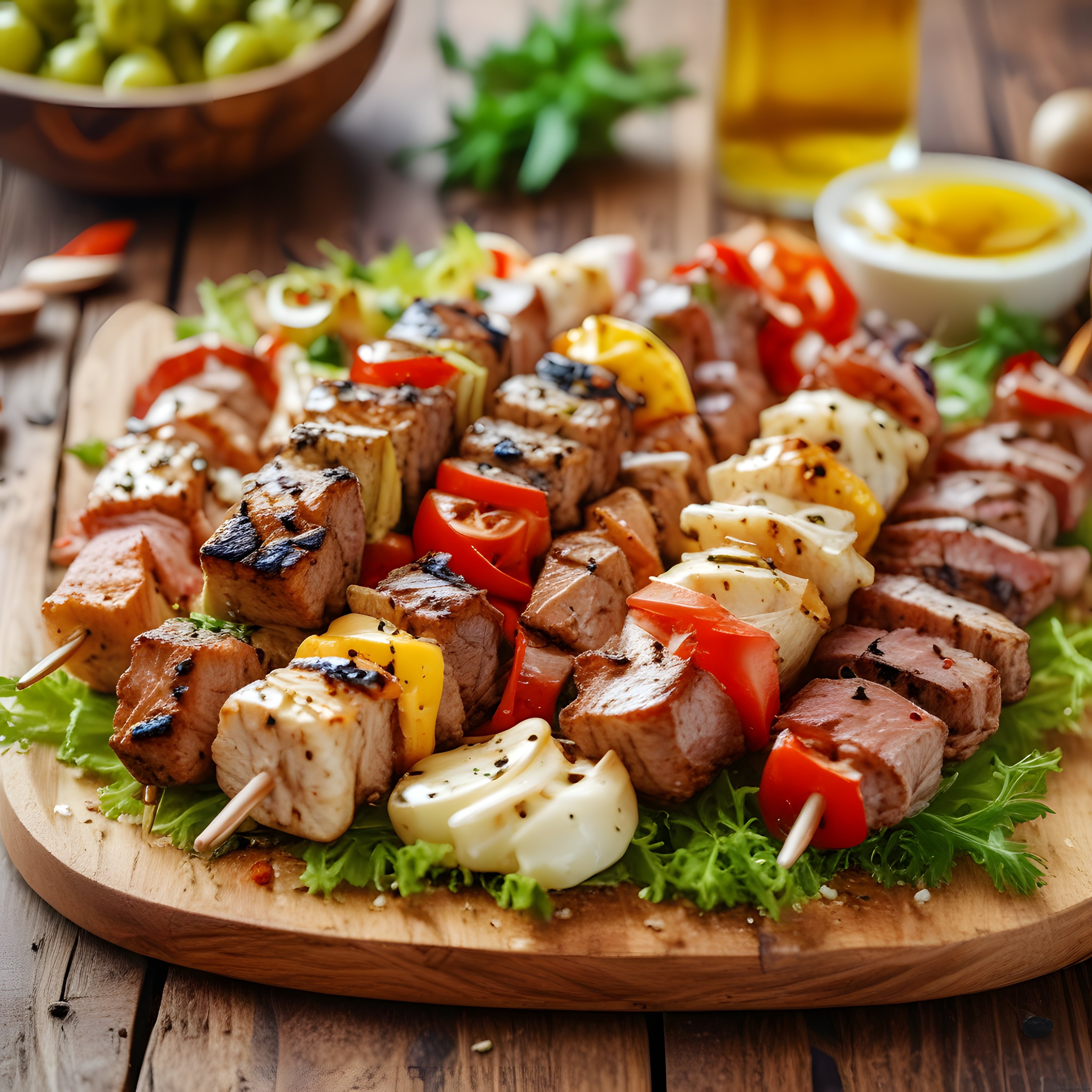 Renkli Şiş Kebap ve Izgara Lezzetleri: Ahşap Sunum Tahtasında Görsel Şölen