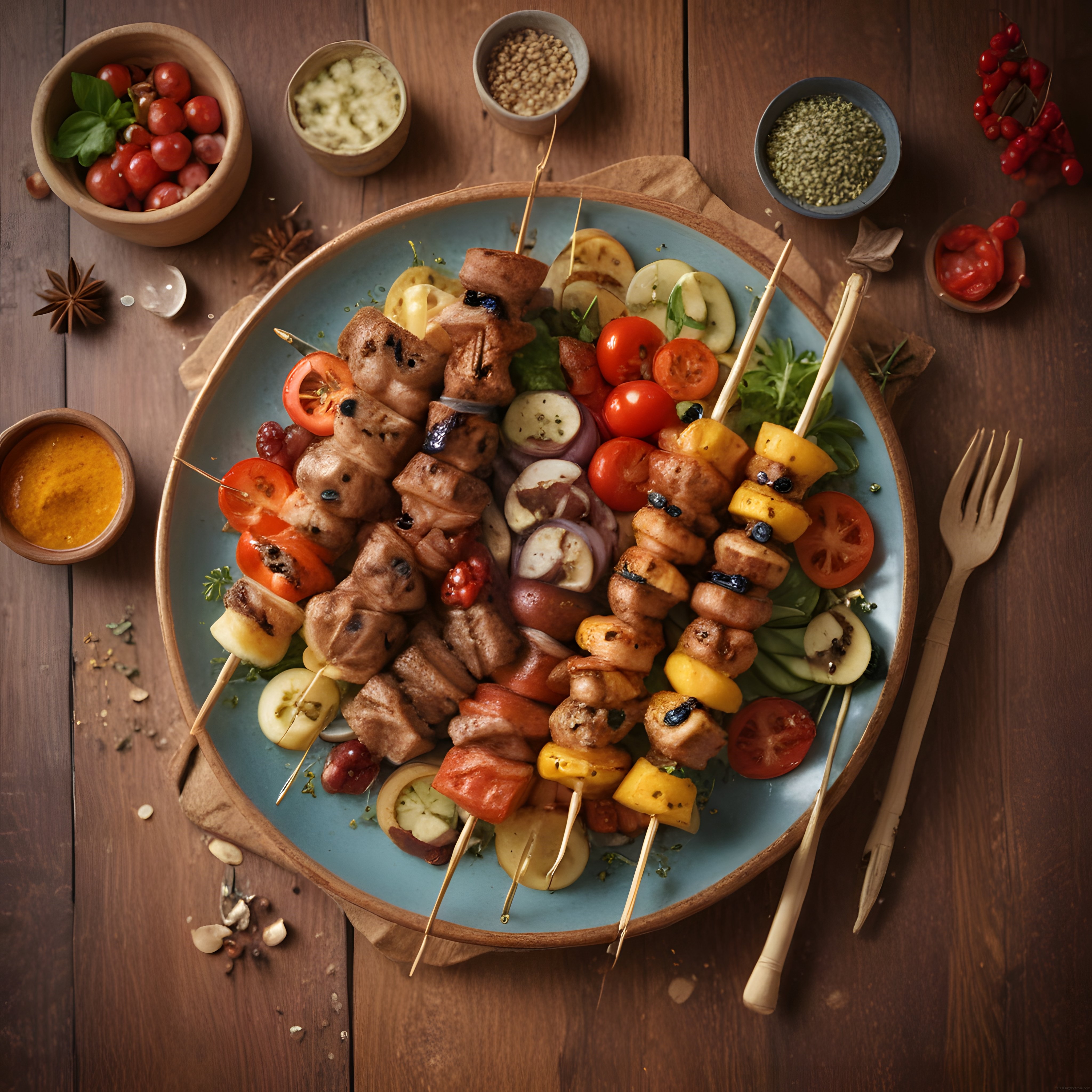 Renkli Şiş Kebap ve Izgara Sebzelerle Süslenmiş Nefis Ahşap Masa Sunumu