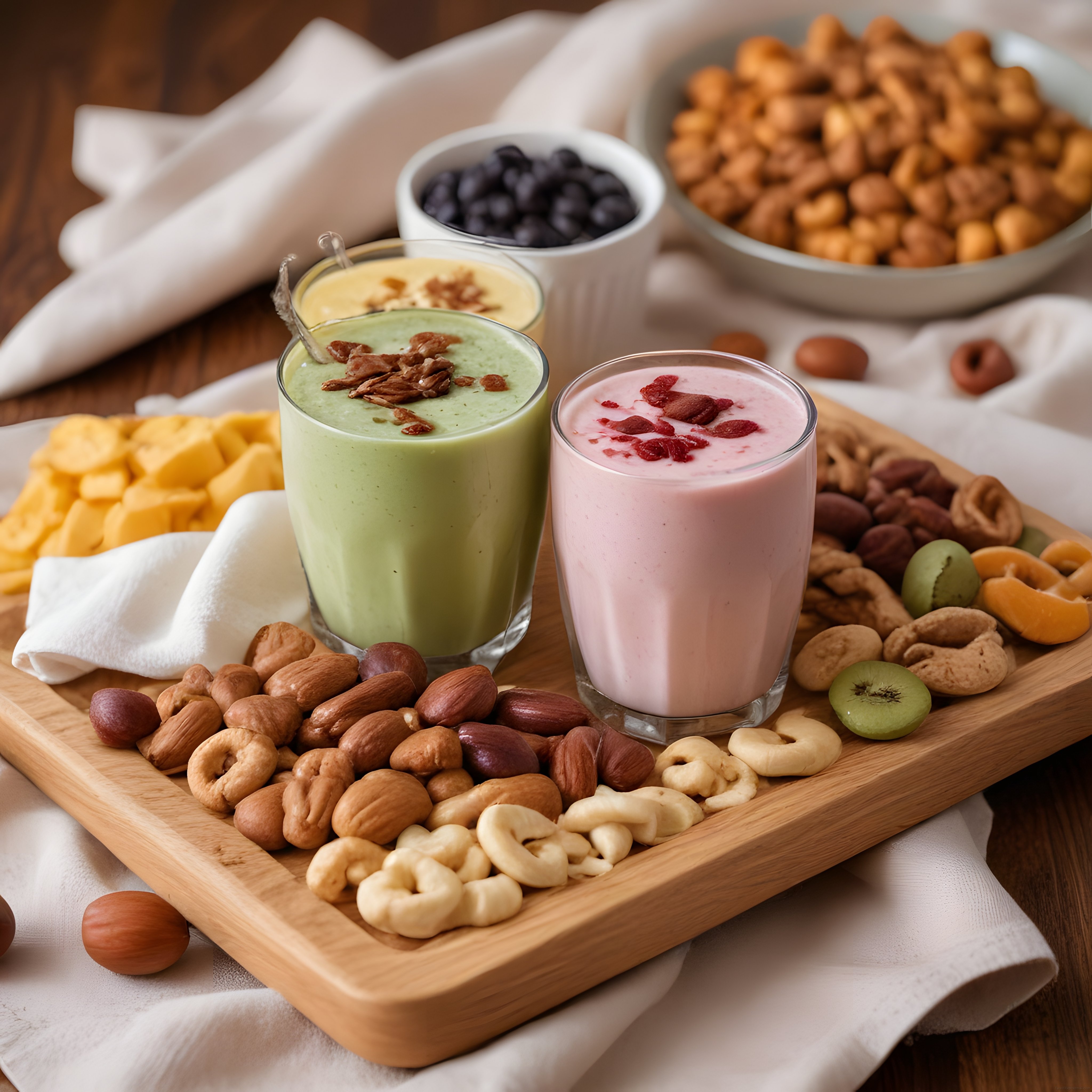 Renkli Smoothie Bardakları ve Kuruyemişli Sağlıklı Kahvaltı Sunumu