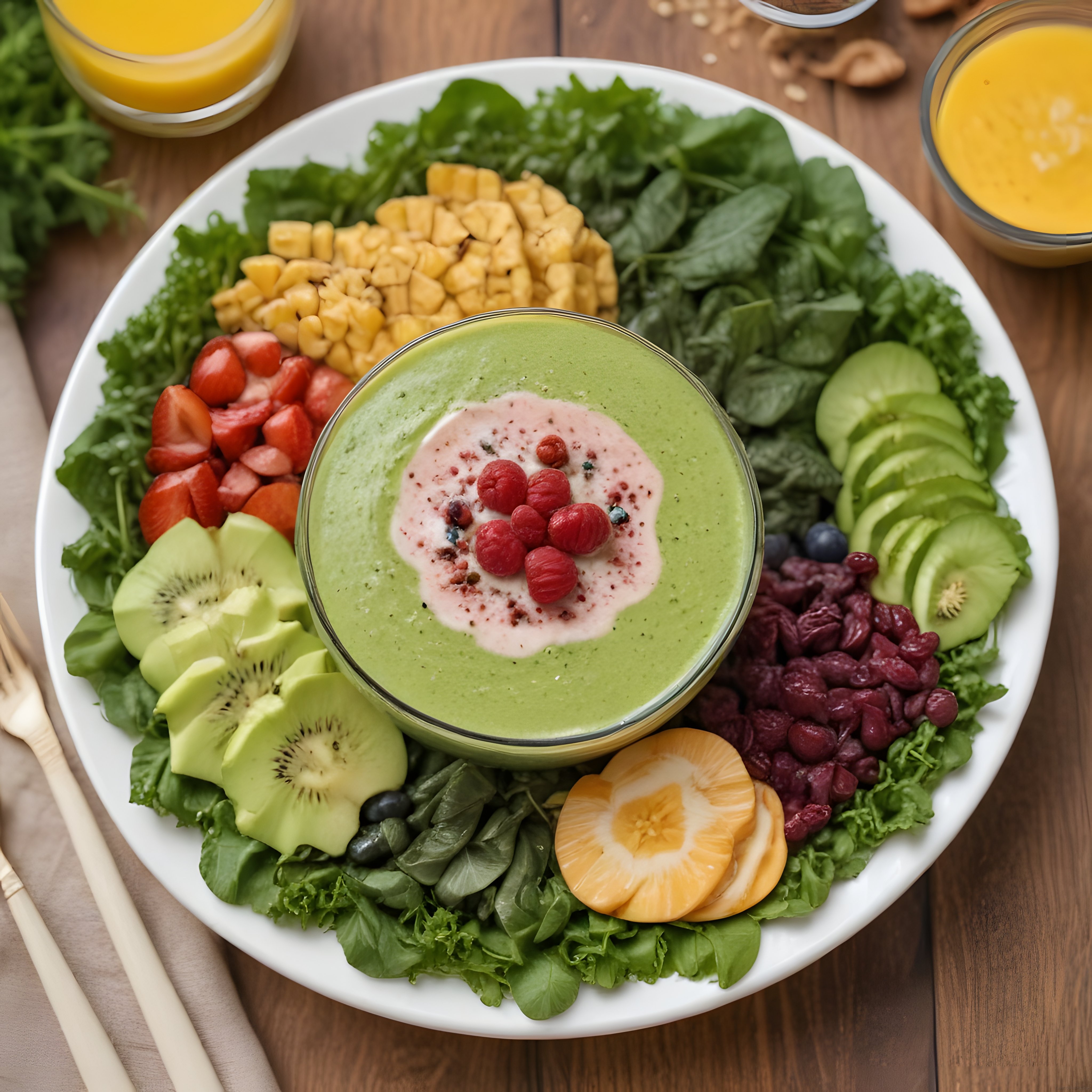 Renkli Smoothie Bowl ve Taze Meyvelerle Sağlıklı Vegan Kahvaltı Tabağı