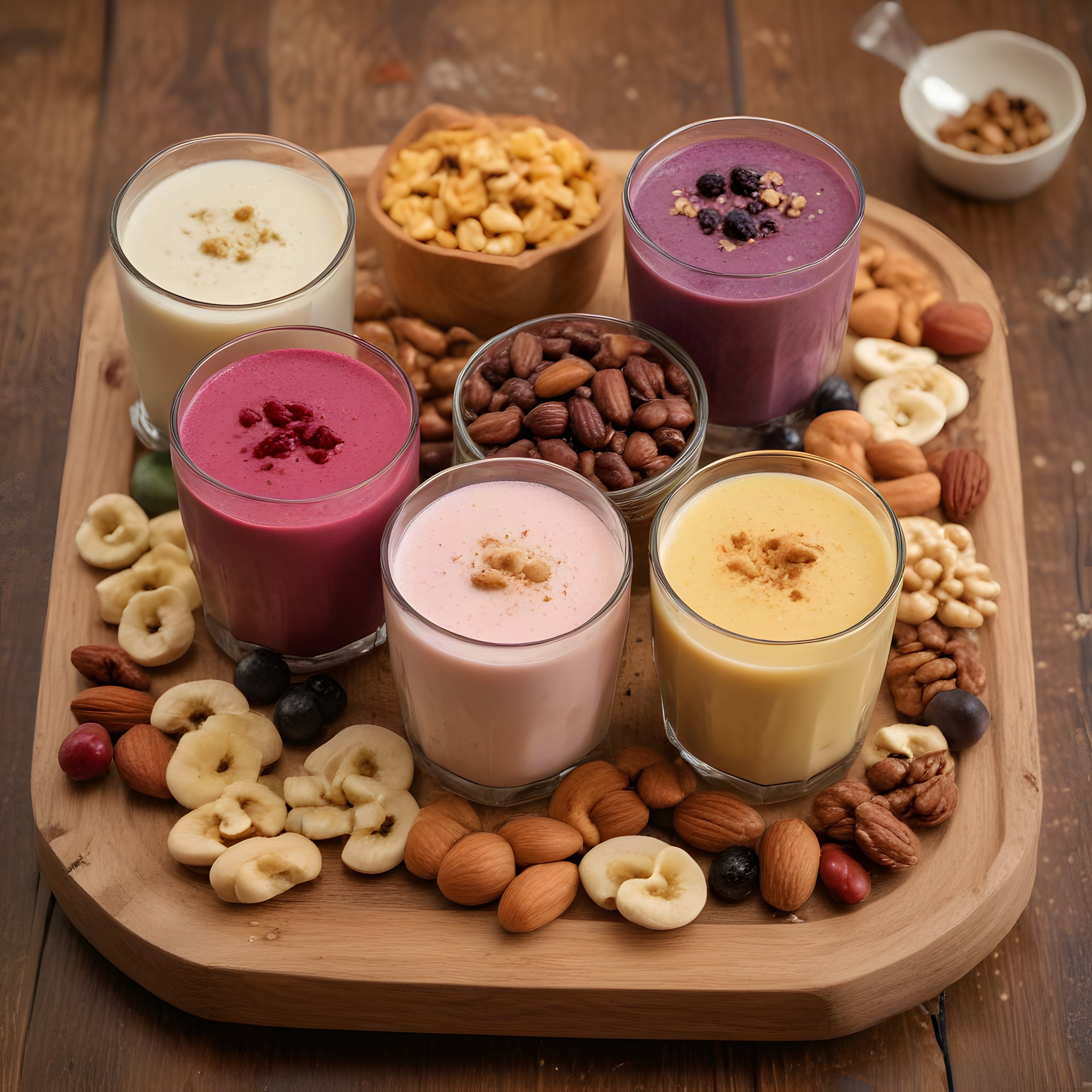 Renkli Smoothie Çeşitleri ve Kuruyemişlerle Sağlıklı İçecek Sunumu