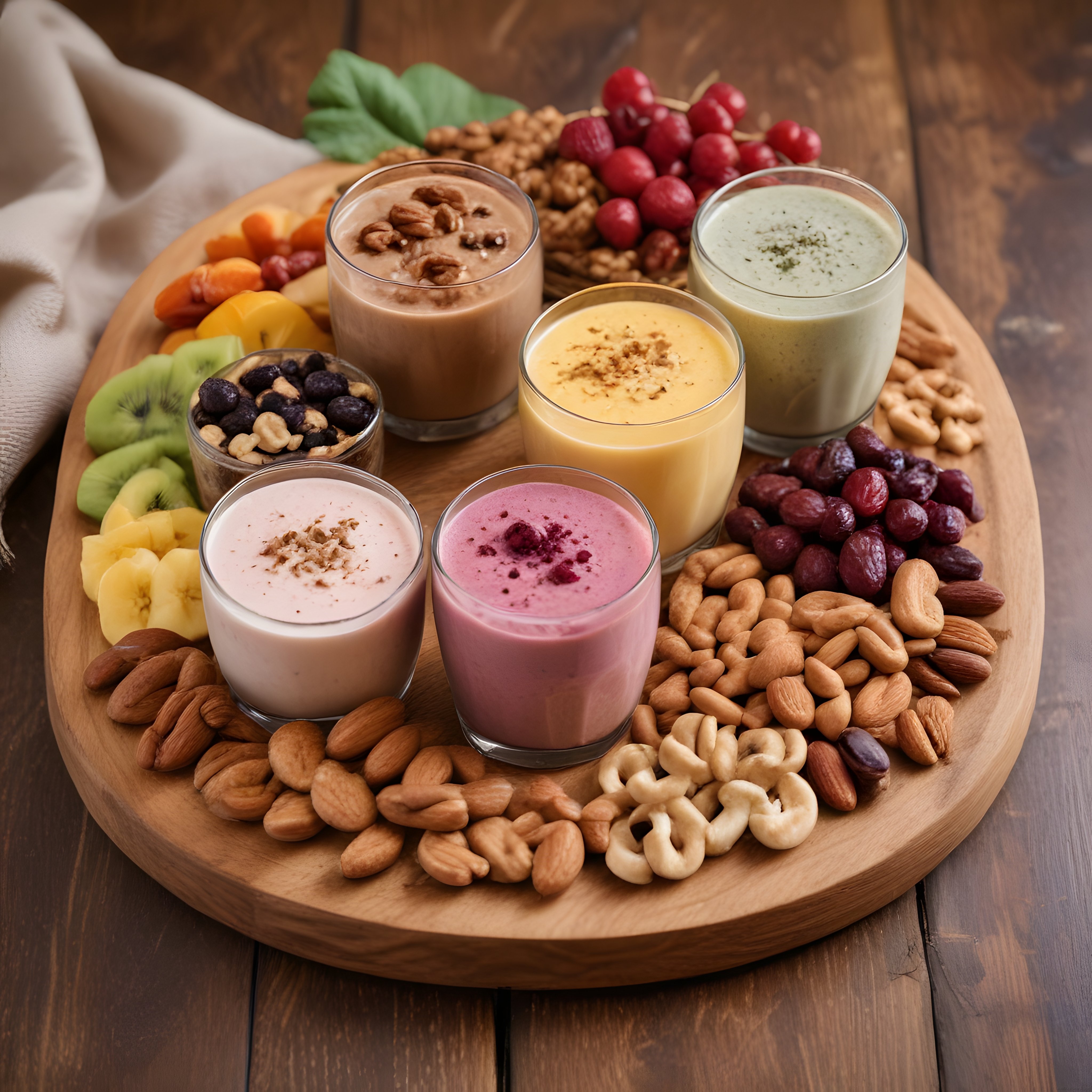 Renkli smoothie çeşitleri ve taze meyvelerle dolu sağlıklı kahvaltı sunumu