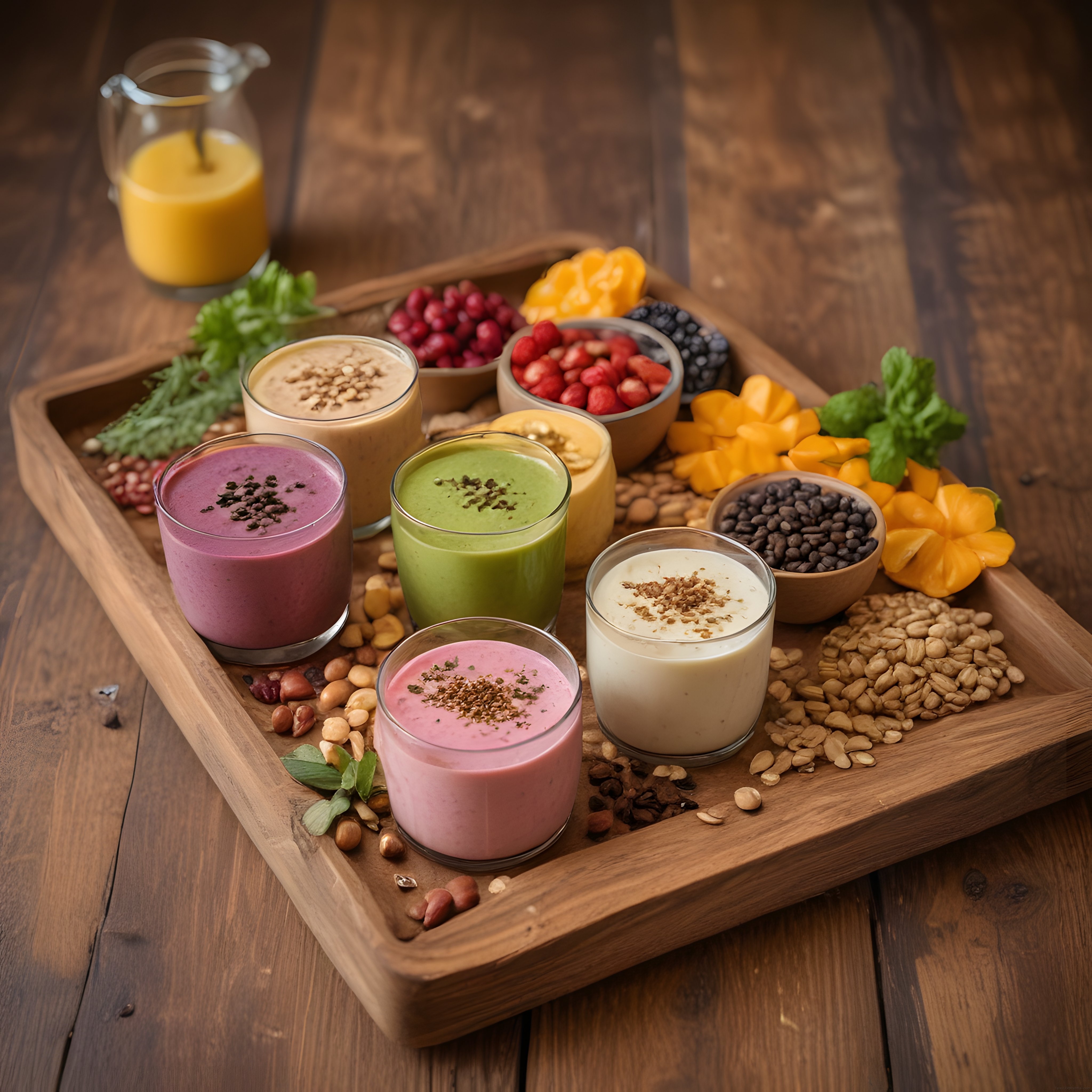 Renkli Smoothie Kasesi: Taze Meyveli ve Kuruyemişli Sağlıklı İçecek Sunumu