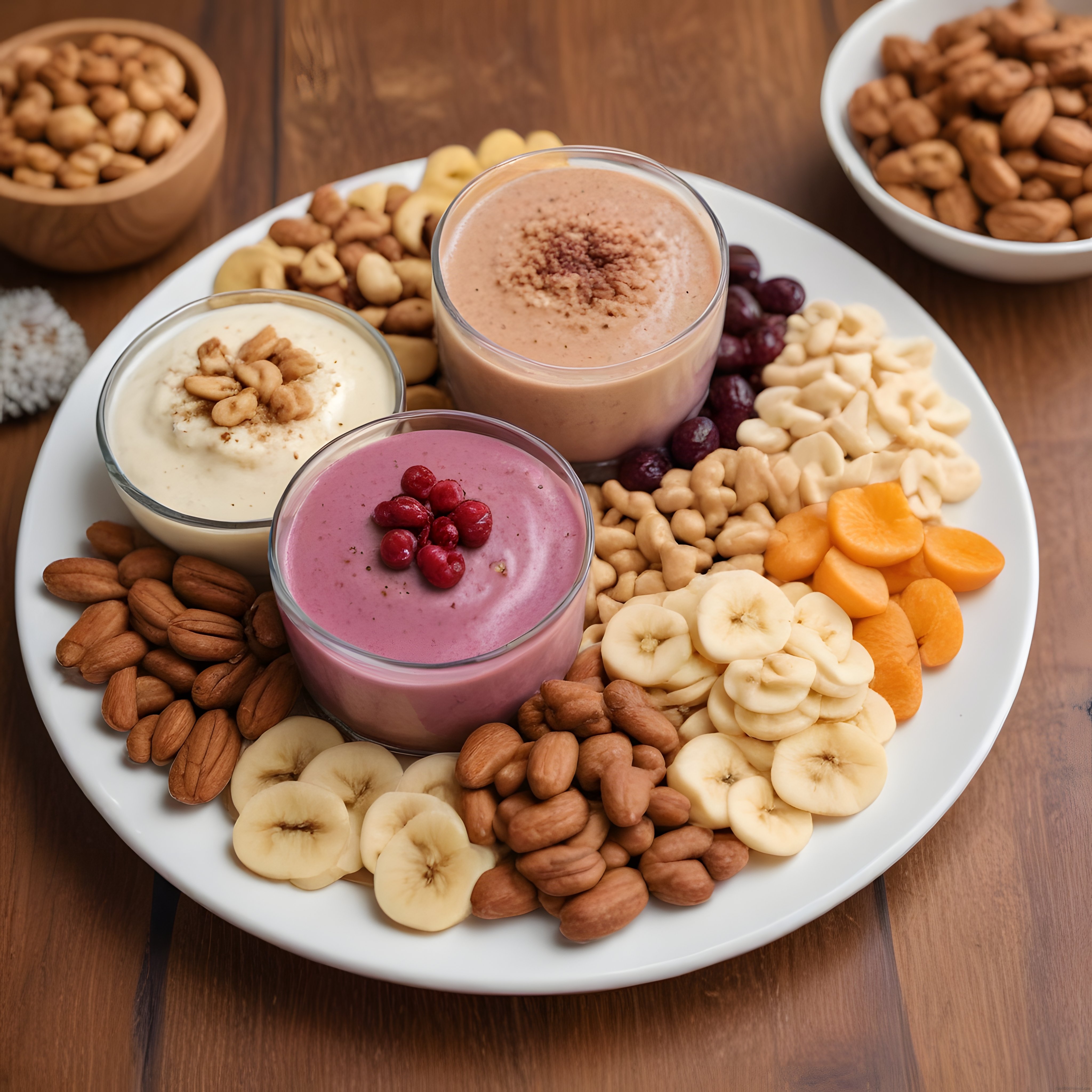 Renkli Smoothie Kasesi ve Kuruyemişli Meyveli Sağlıklı Kahvaltı Tabağı