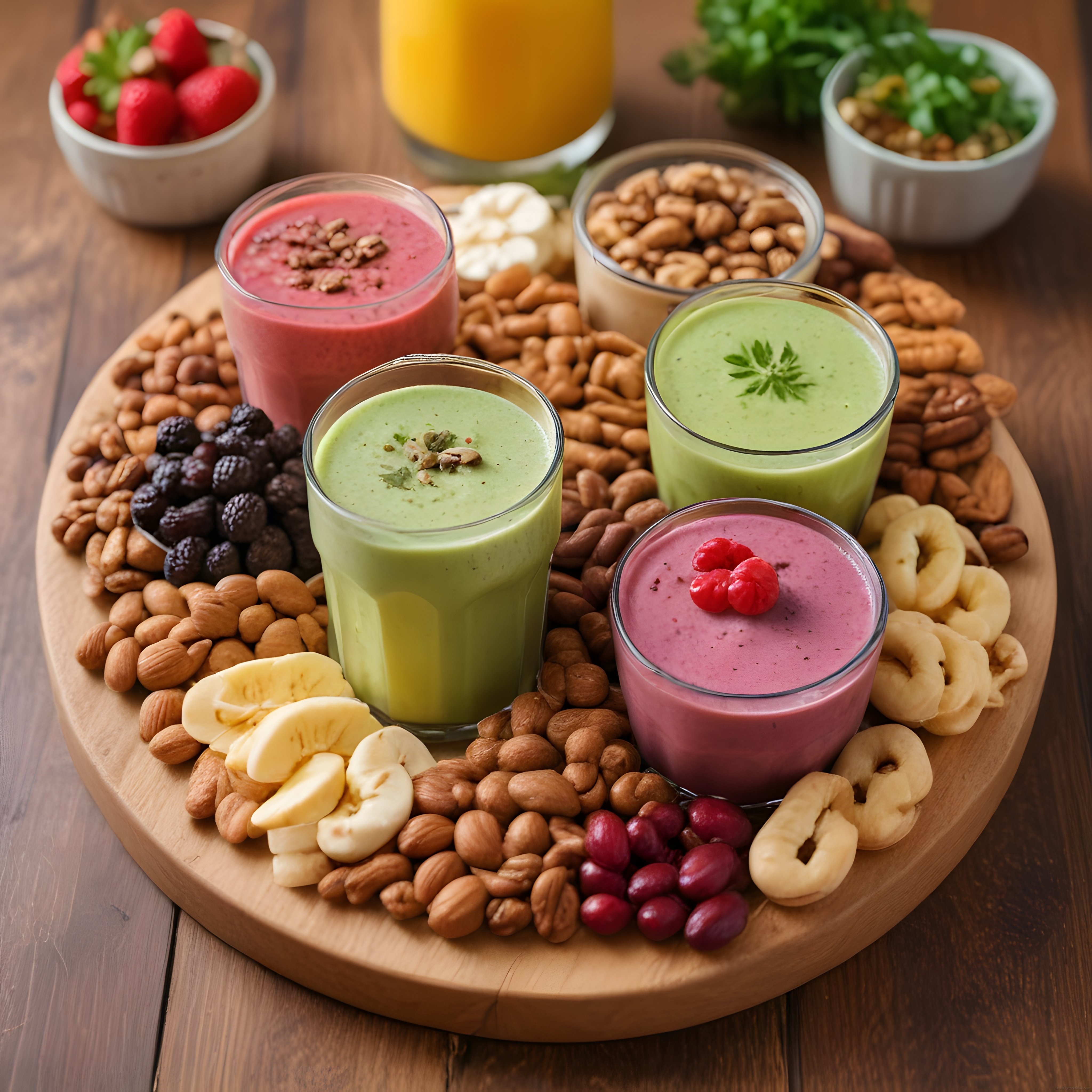 Renkli Smoothie'ler ve Kuruyemişlerle Zenginleştirilmiş Sağlıklı Kahvaltı Sunumu