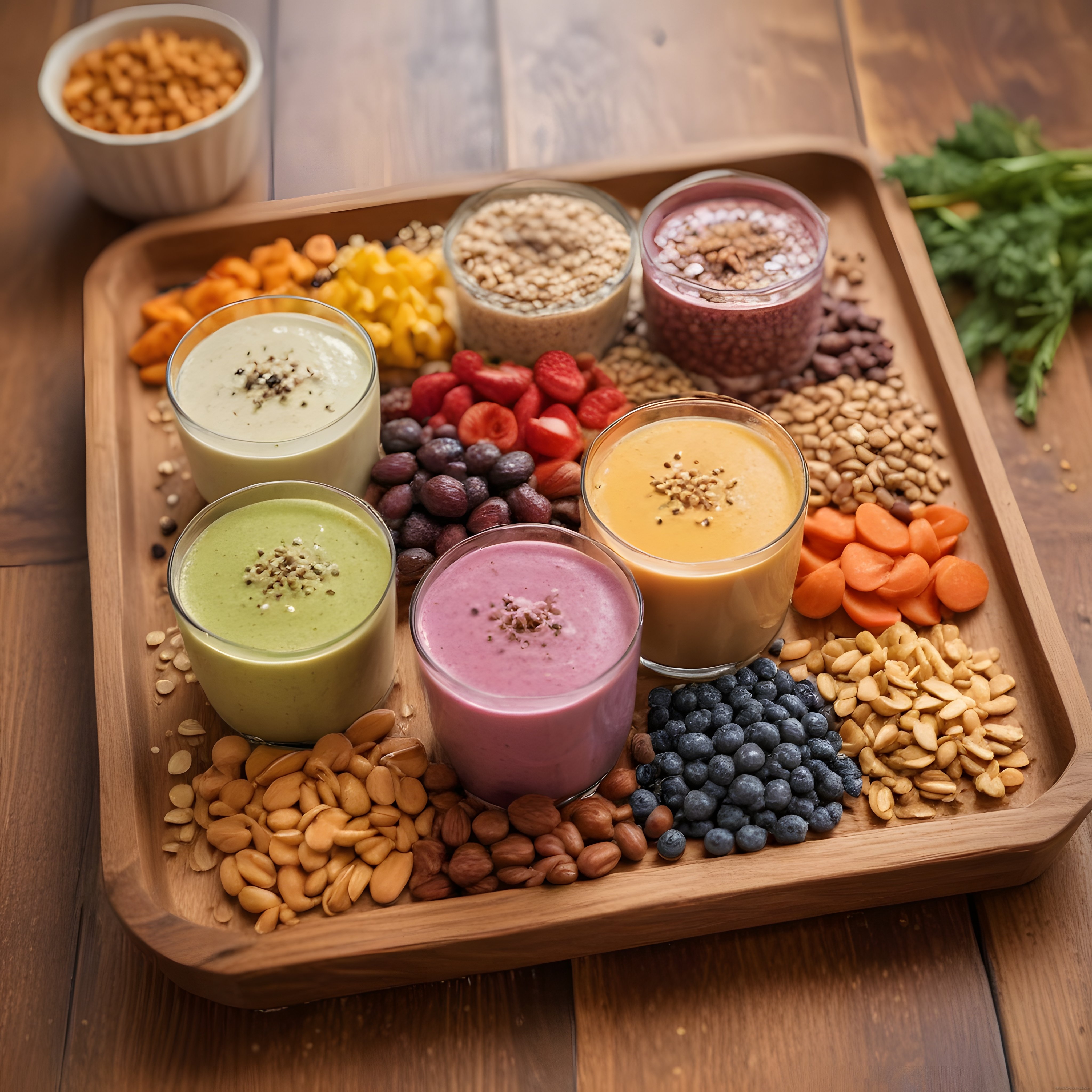Renkli smoothie'ler ve taze meyvelerle hazırlanmış sağlıklı kahvaltı tepsisi