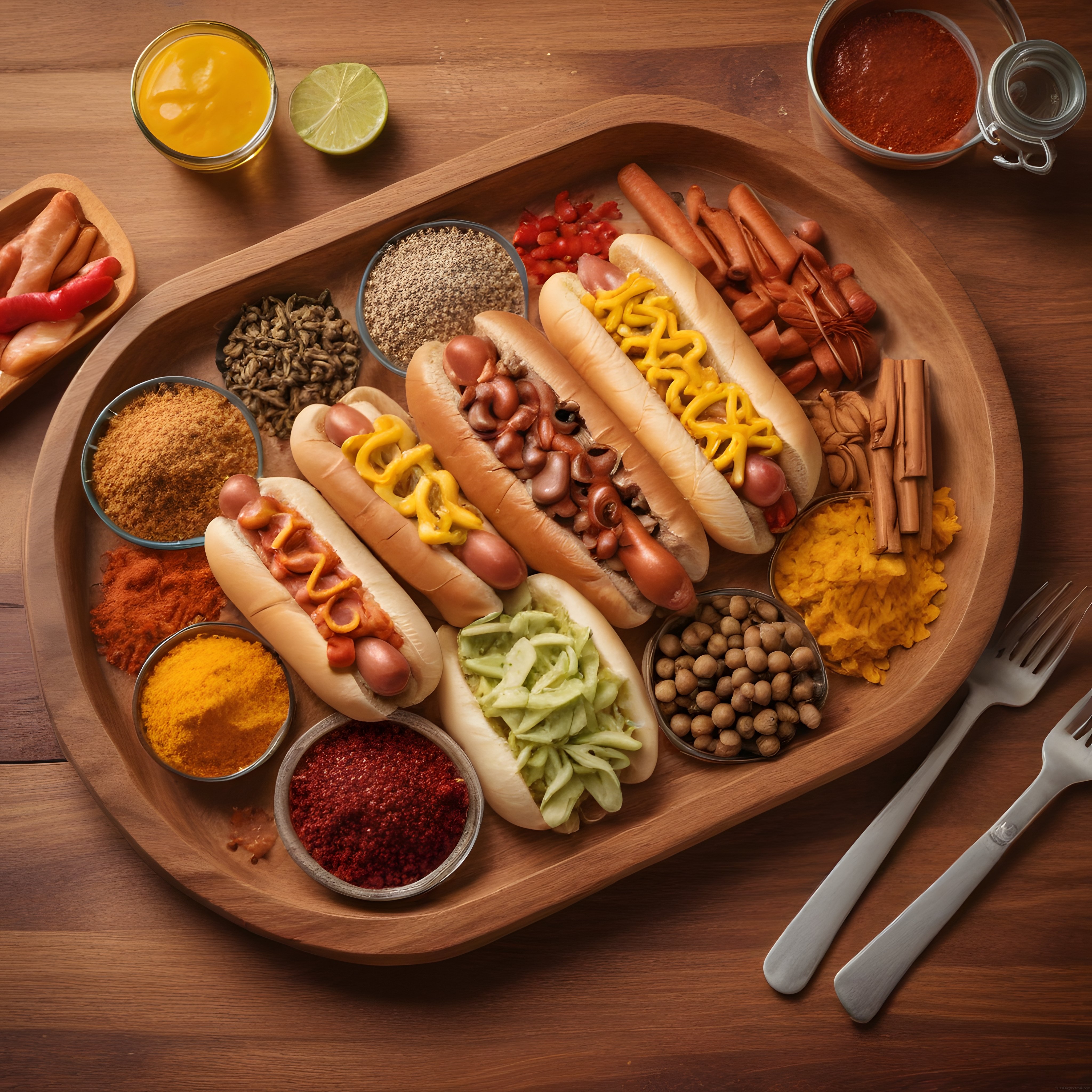 Renkli Soslar ve Baharatlarla Süslenmiş Gourmet Hot Dog Sunumu