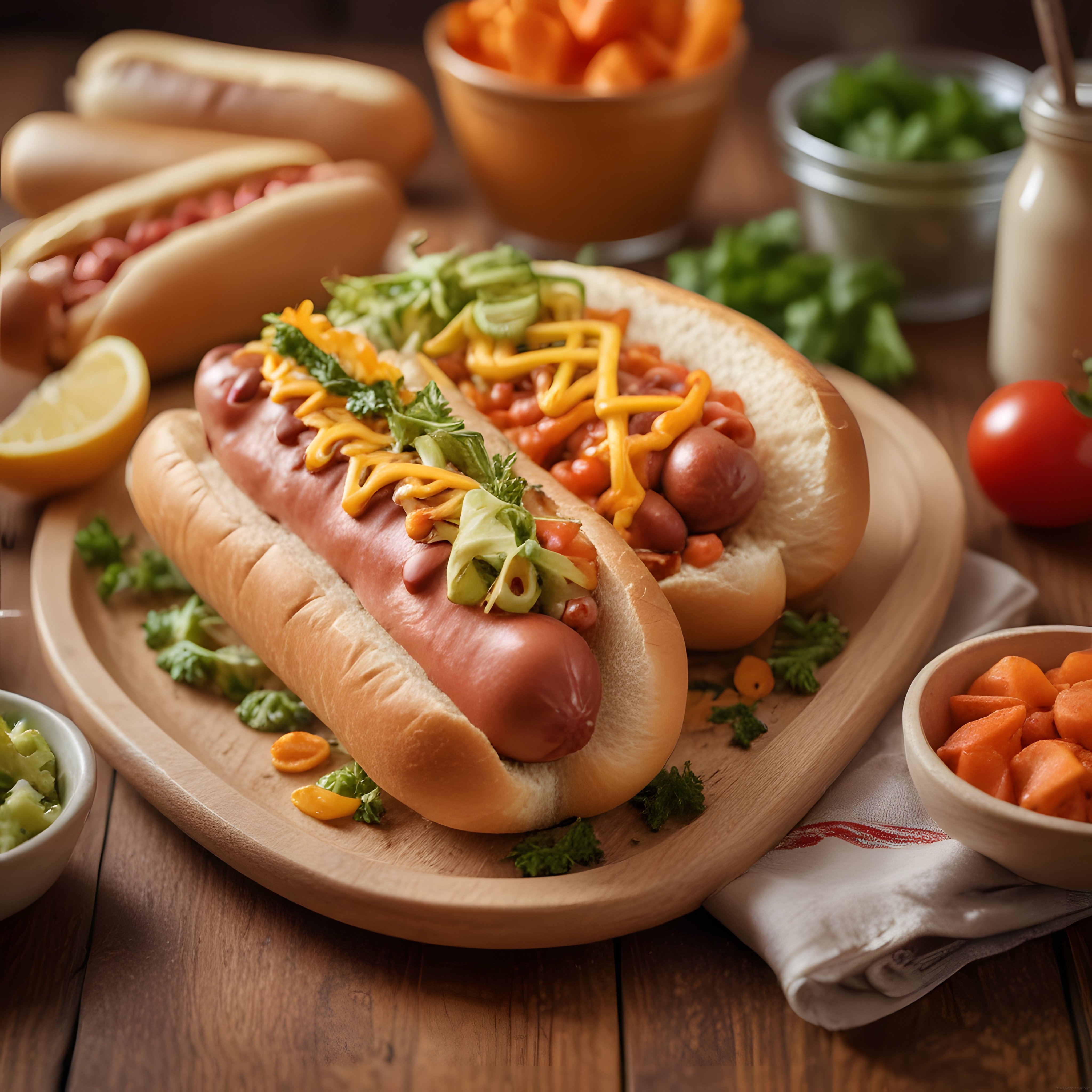 Renkli Soslar ve Taze Garnitürlerle Süslenen Mis Gibi Hot Dog Tabağı