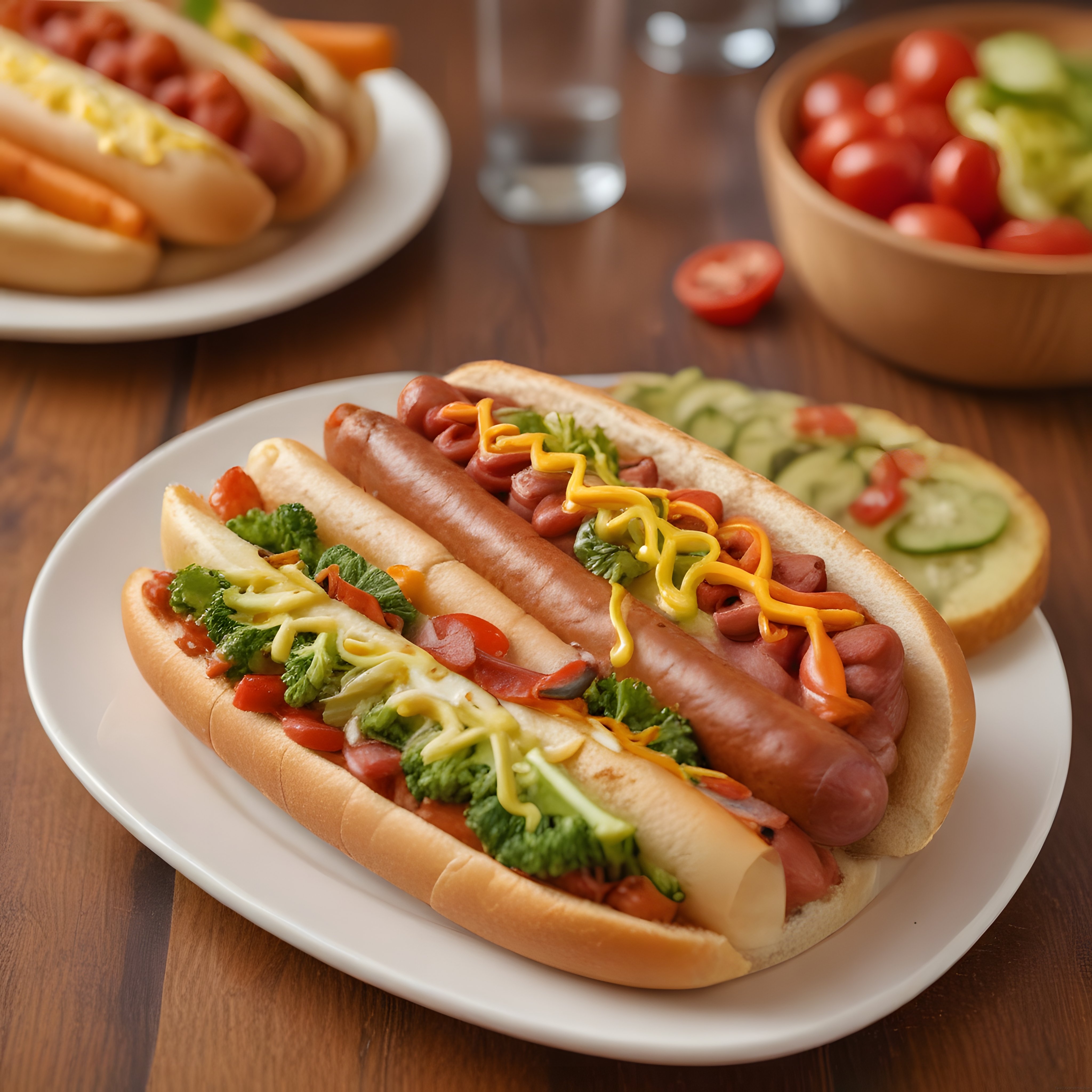 Renkli Soslar ve Taze Malzemelerle Süslenmiş Lezzetli Hot Dog Tabakları