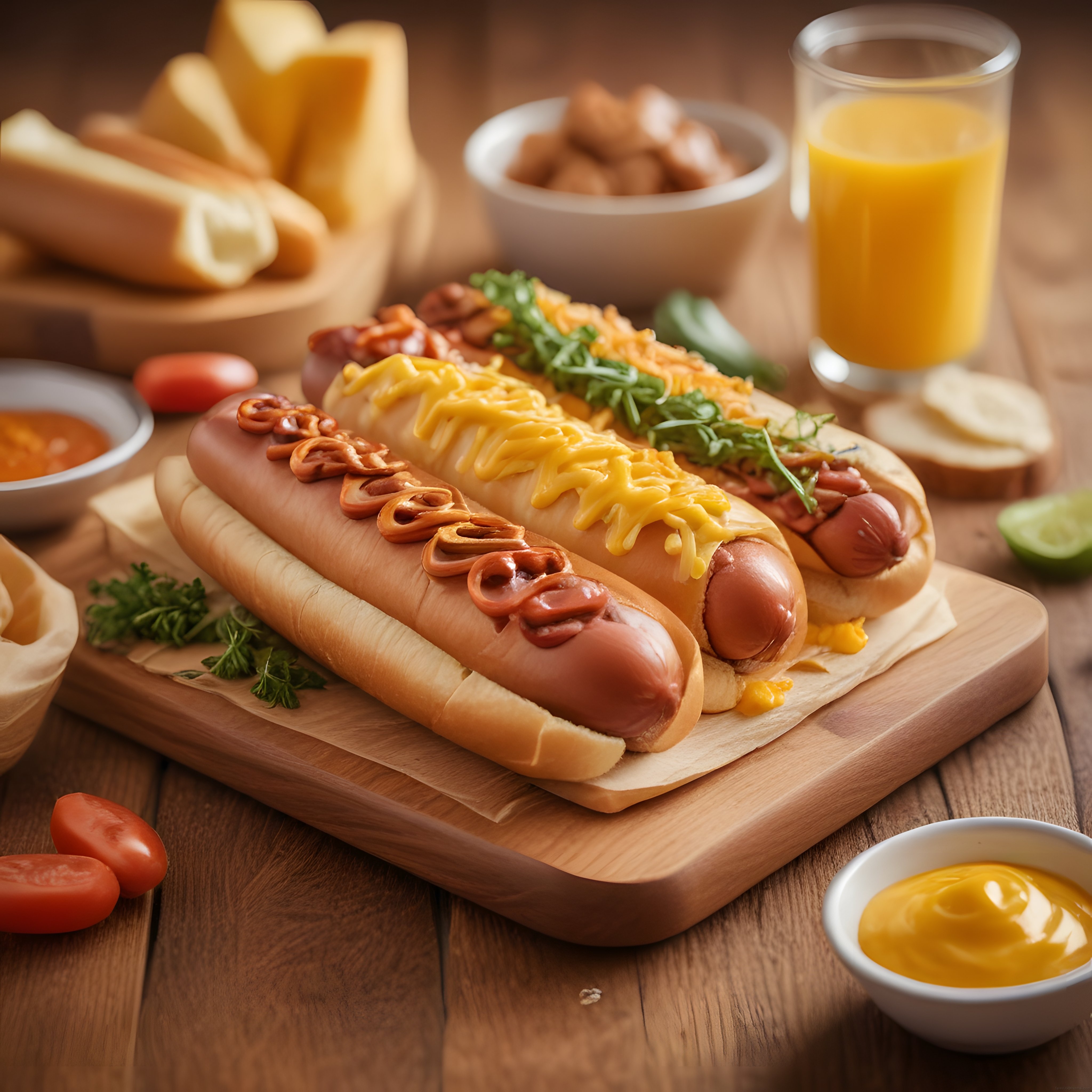 Renkli Soslarla Süslenmiş Üç Çeşit Hot Dog, Ahşap Sunum ve Portakal Suyu