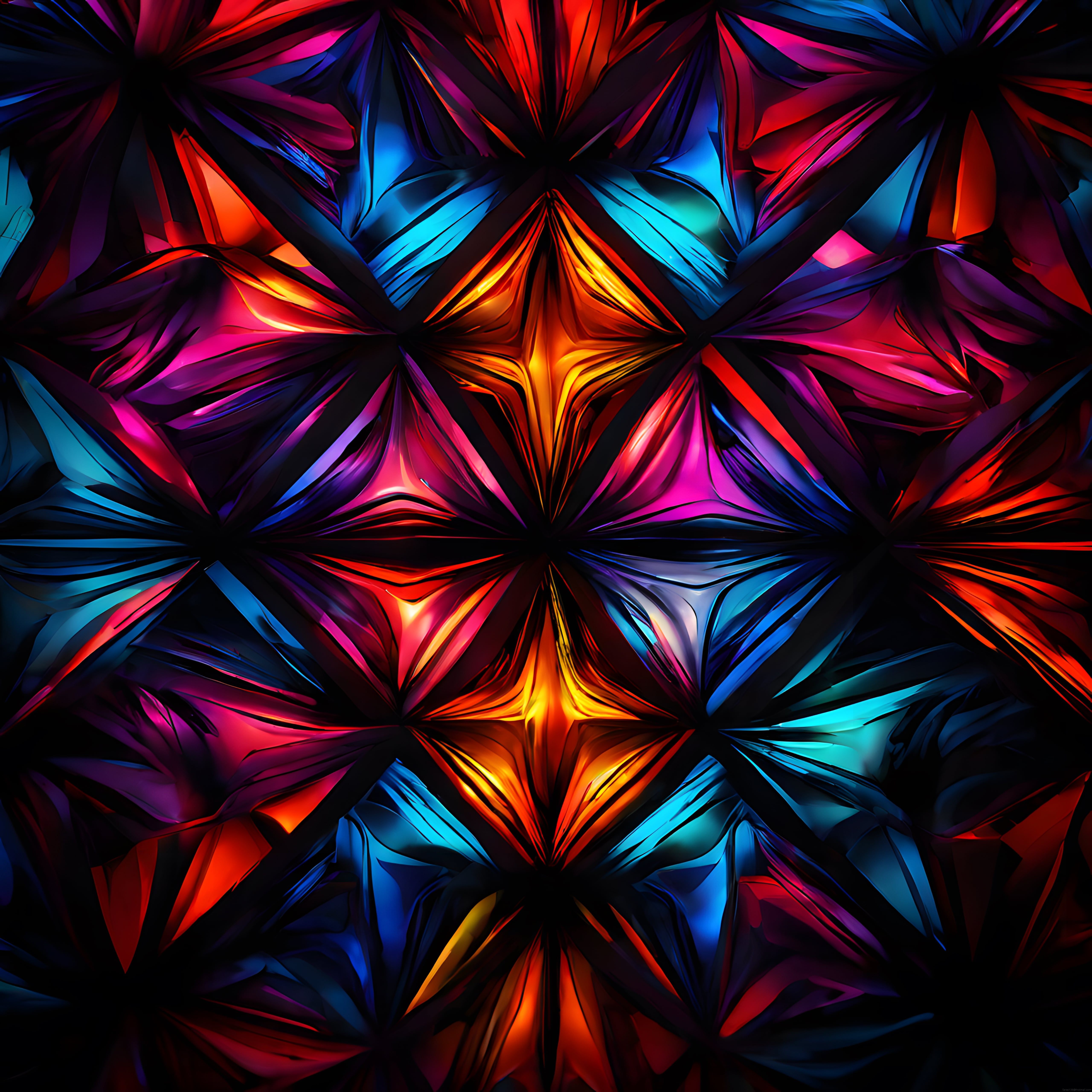 Renkli Soyut Dijital Sanat: Neon Geometrik Simetri ve Işık Oyunları