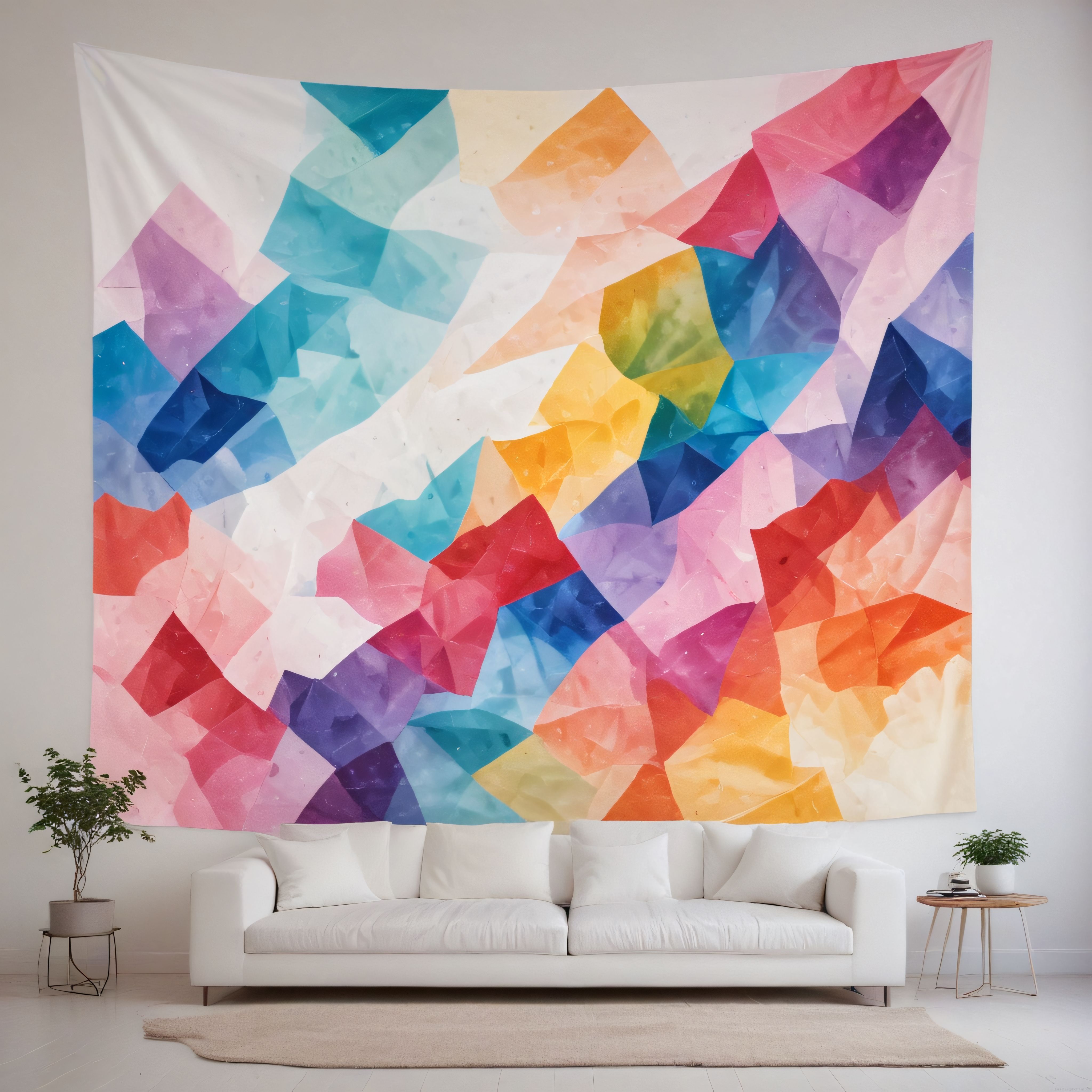 Renkli Soyut Geometrik Duvar Örtüsü ile Modern Beyaz Salon Dekorasyonu