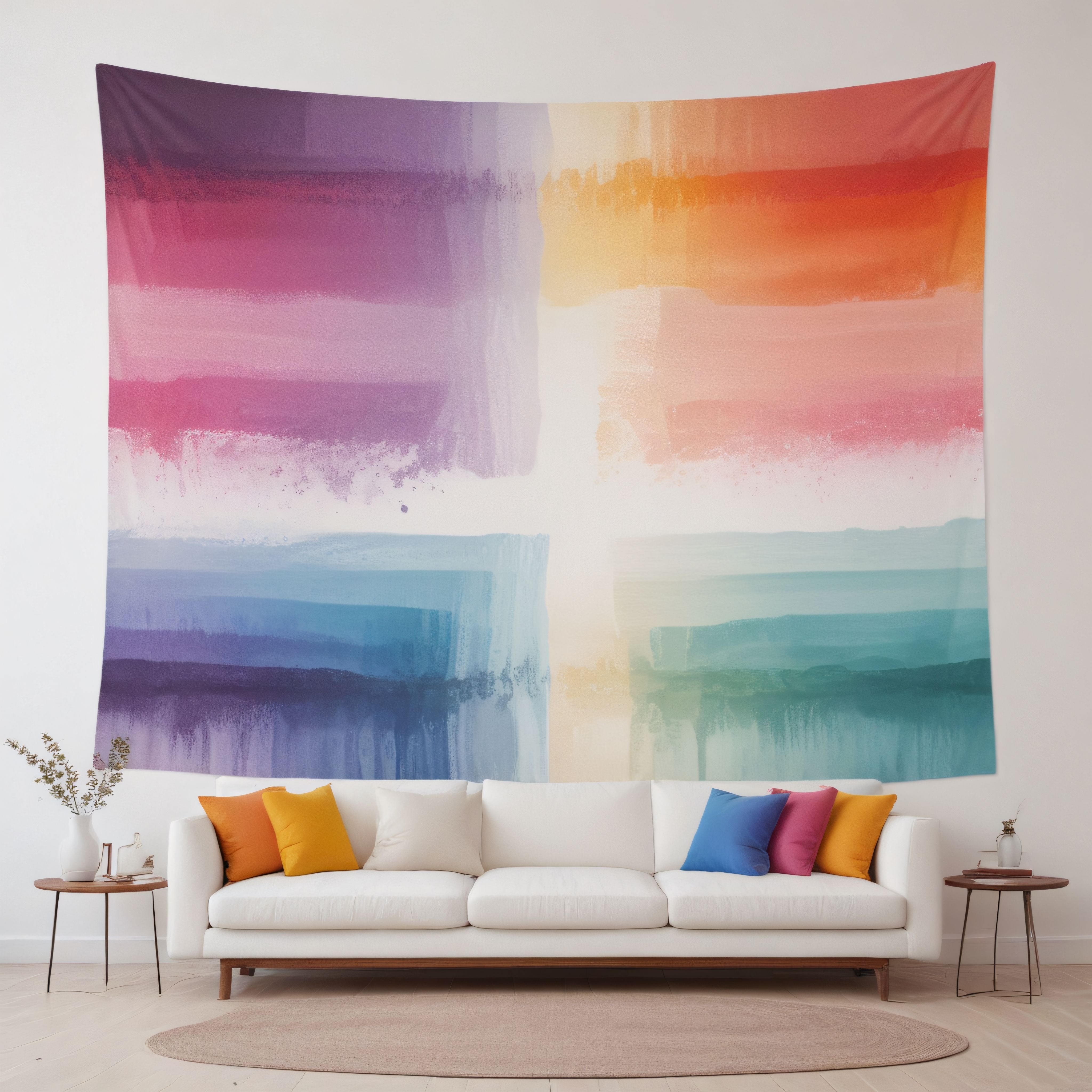 Renkli Soyut Goblen ve Minimalist Beyaz Kanepe ile Modern Oturma Odası Dekorasyonu