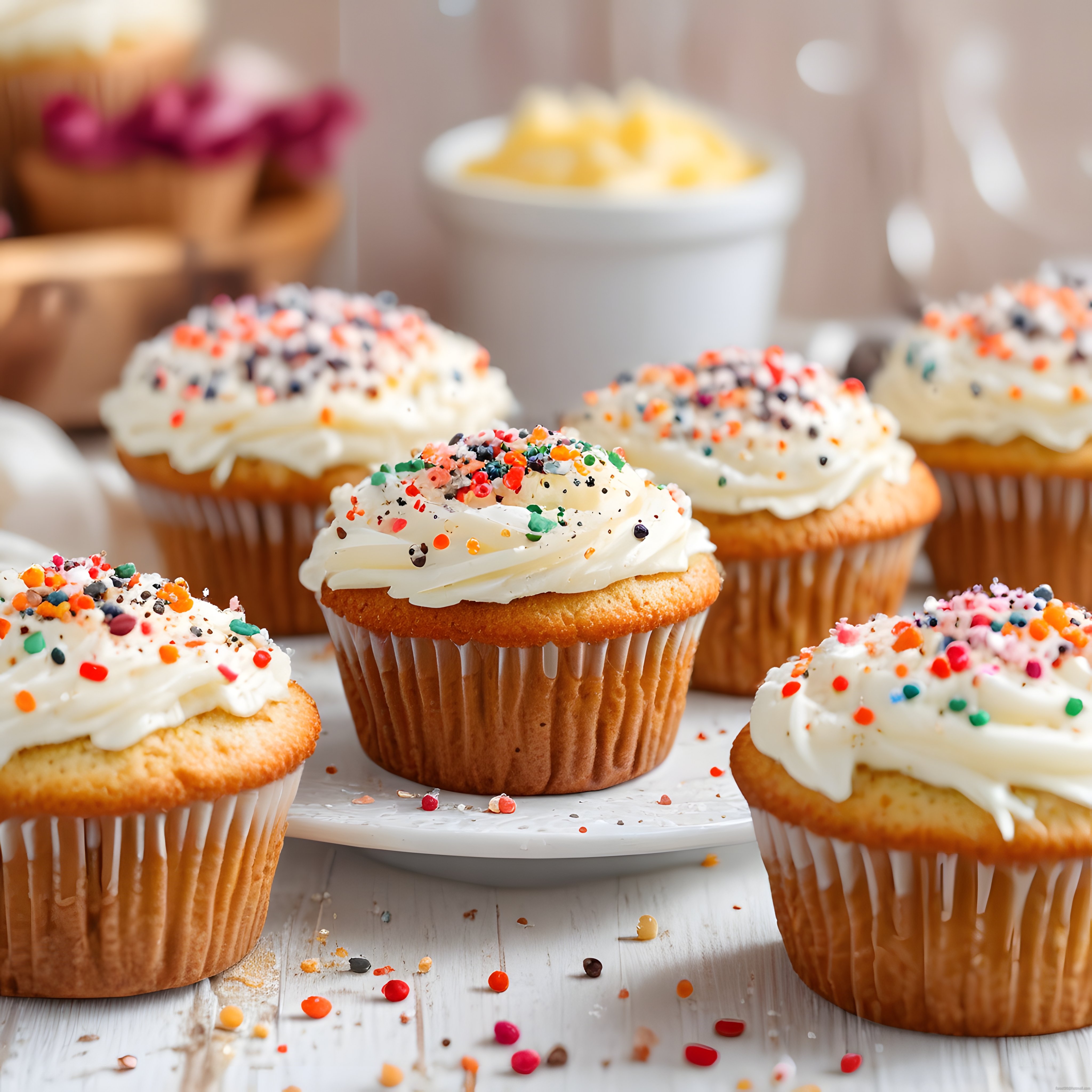 Renkli Sprinkelli Cupcakeler ve Pamuk Krema Süslemeli Tatlı Sunum