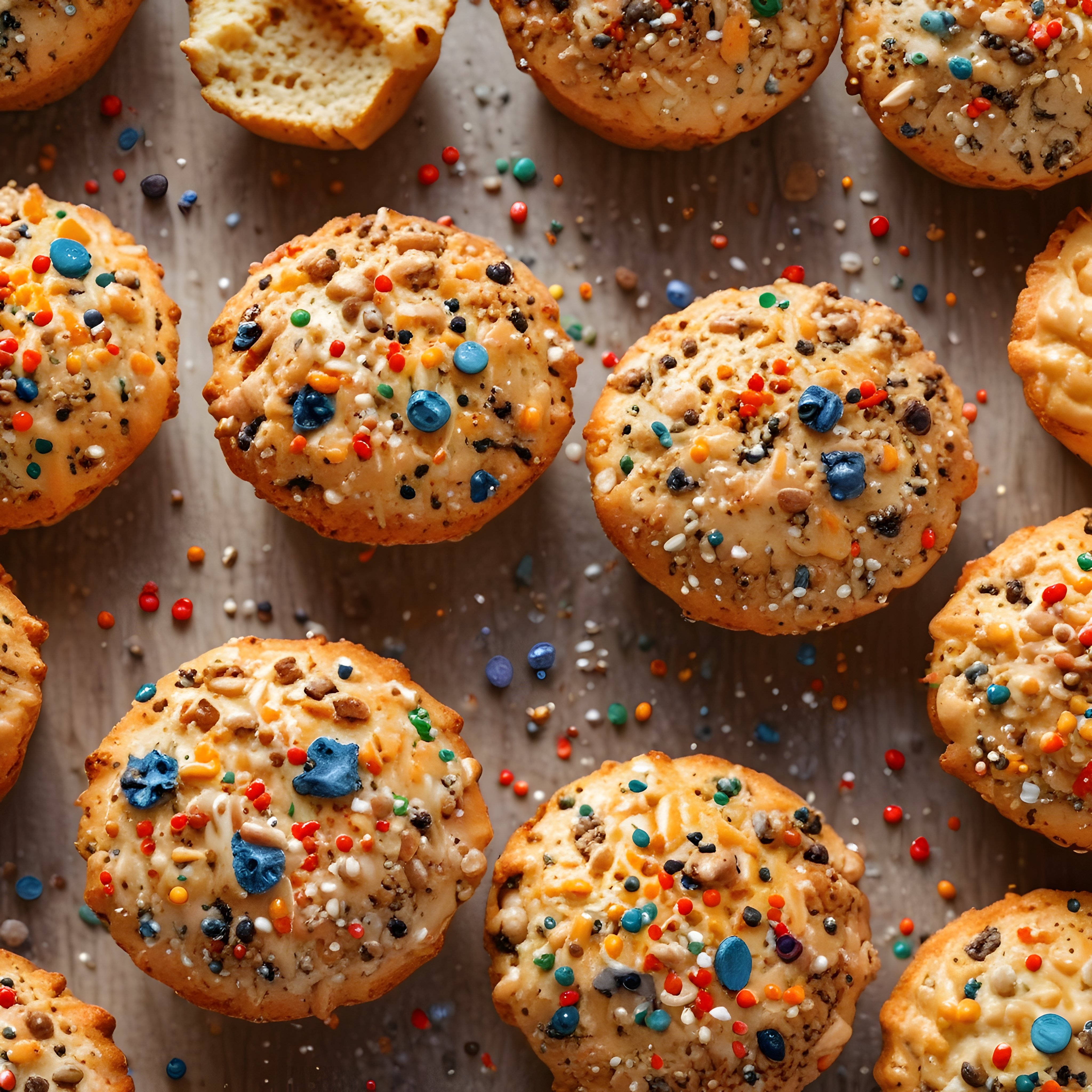 Renkli sprinkle ve boncuklu ev yapımı tereyağlı kurabiyeler üstten çekim