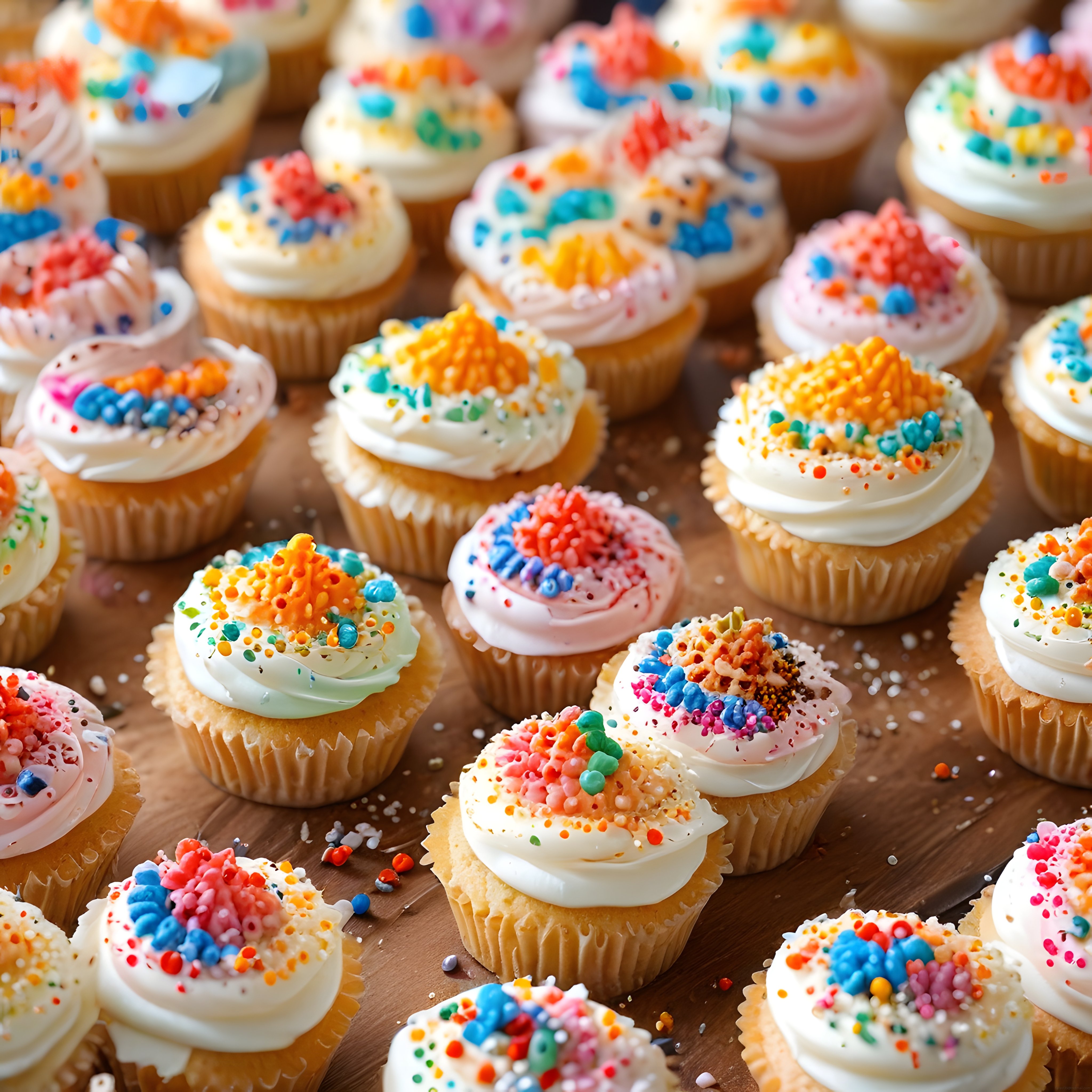 Renkli Sprinkler ve Krema Süslemeli Cupcake'ler: Davetkar Tatlı Sunumu