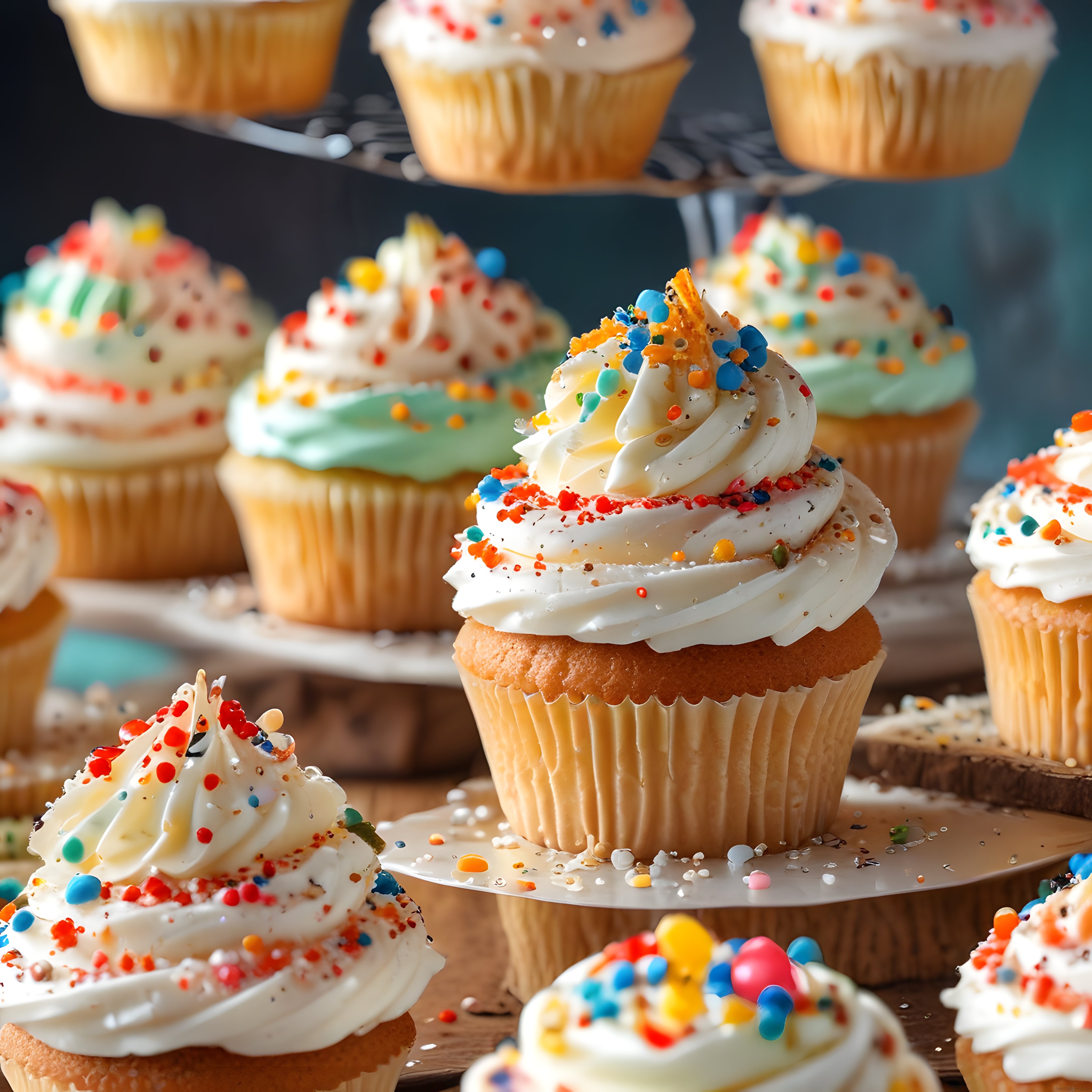 Renkli Sprinkler ve Krema Süslemeli Cupcake'ler: Lezzetli Tatlı Sunum