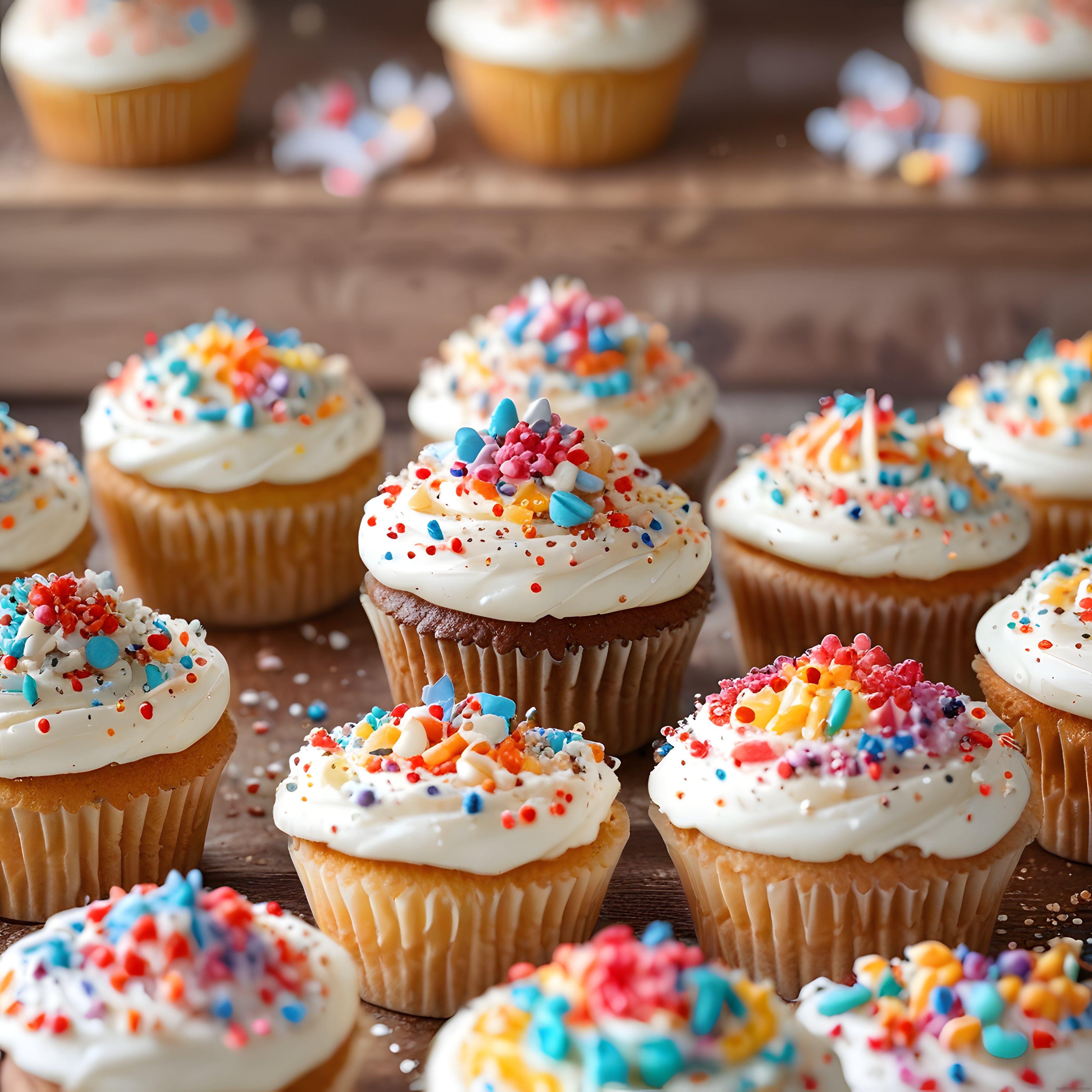 Renkli sprinklerli cupcake'ler doğum günü ve parti için neşeli tatlı sunum